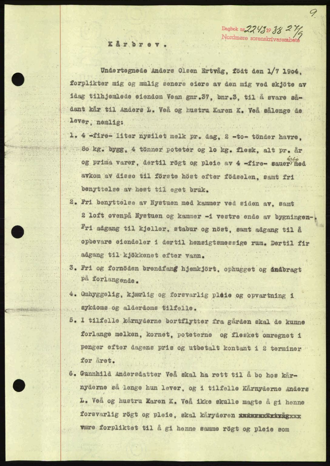 Nordmøre sorenskriveri, SAT/A-4132/1/2/2Ca: Mortgage book no. B84, 1938-1939, Diary no: : 2243/1938