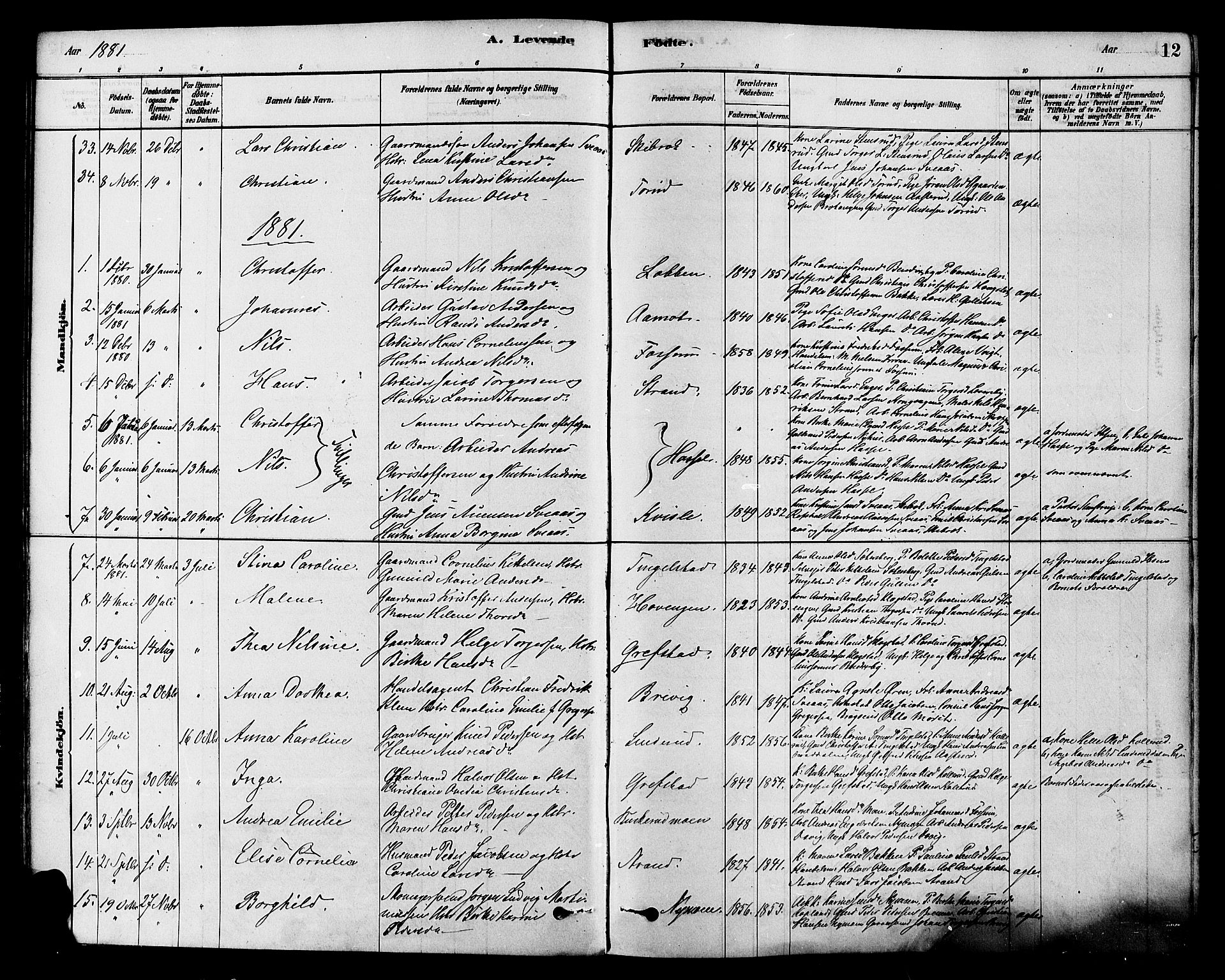 Modum kirkebøker, AV/SAKO-A-234/F/Fa/L0015: Parish register (official) no. 15 /1, 1877-1889, p. 12