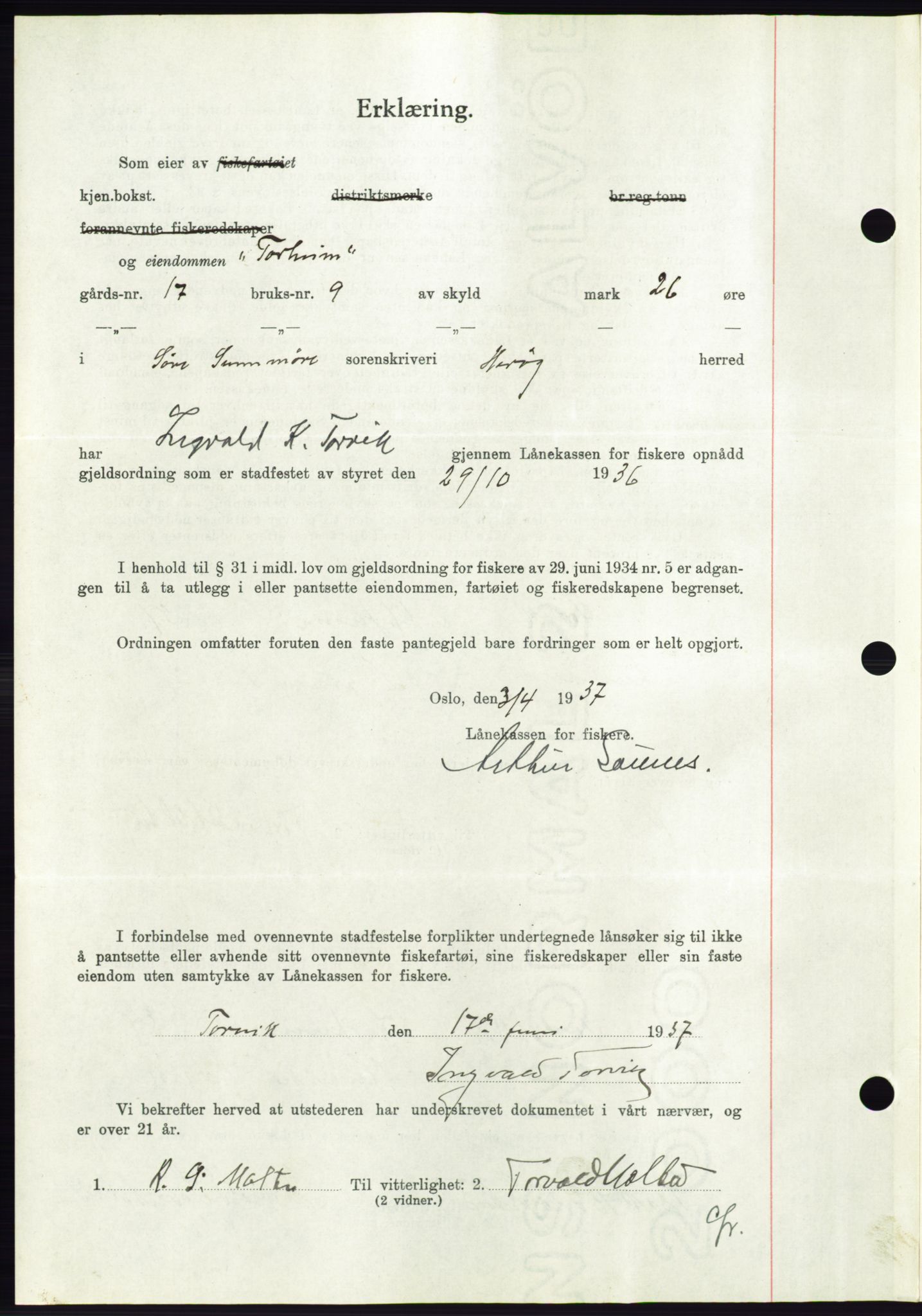 Søre Sunnmøre sorenskriveri, AV/SAT-A-4122/1/2/2C/L0063: Mortgage book no. 57, 1937-1937, Diary no: : 1032/1937