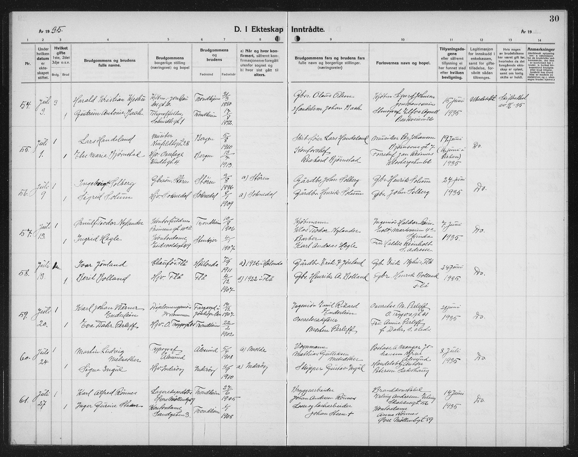 Ministerialprotokoller, klokkerbøker og fødselsregistre - Sør-Trøndelag, SAT/A-1456/602/L0152: Parish register (copy) no. 602C20, 1933-1940, p. 30
