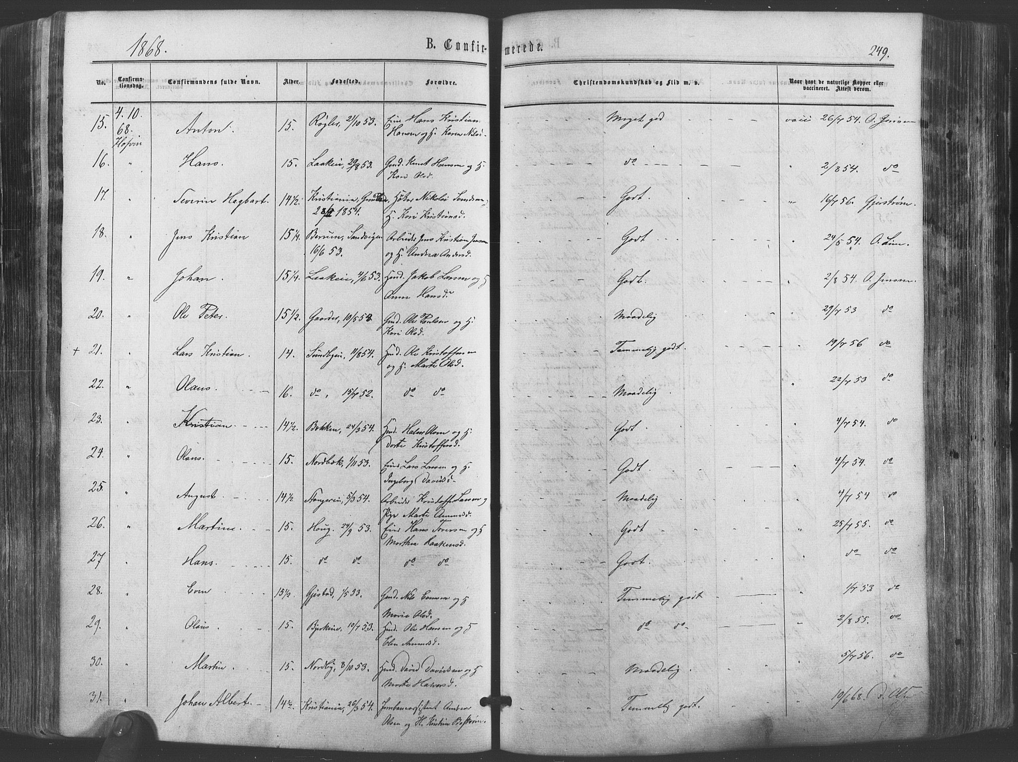 Ullensaker prestekontor Kirkebøker, AV/SAO-A-10236a/F/Fa/L0016: Parish register (official) no. I 16, 1863-1875, p. 249