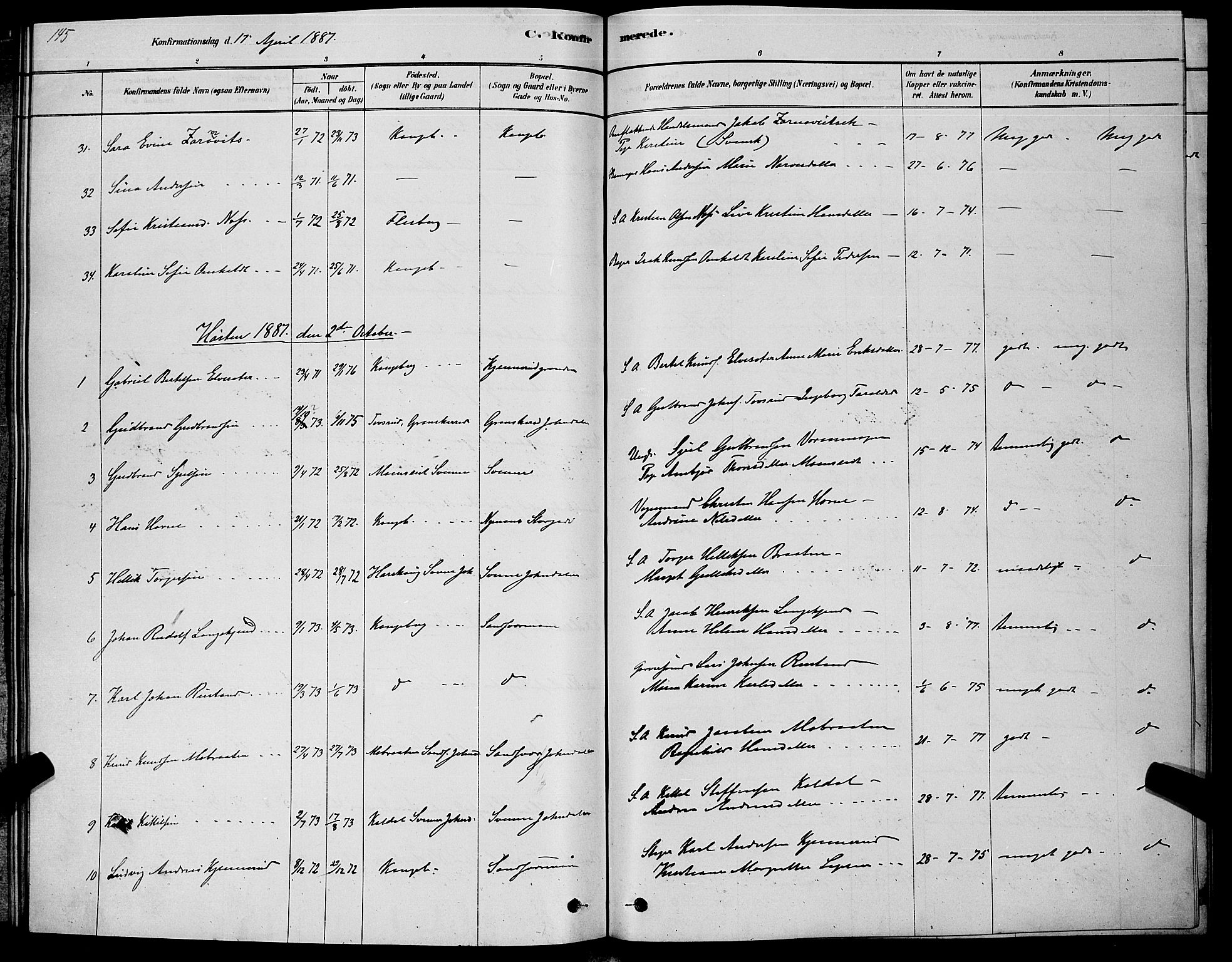 Kongsberg kirkebøker, AV/SAKO-A-22/G/Ga/L0005: Parish register (copy) no. 5, 1878-1889, p. 145