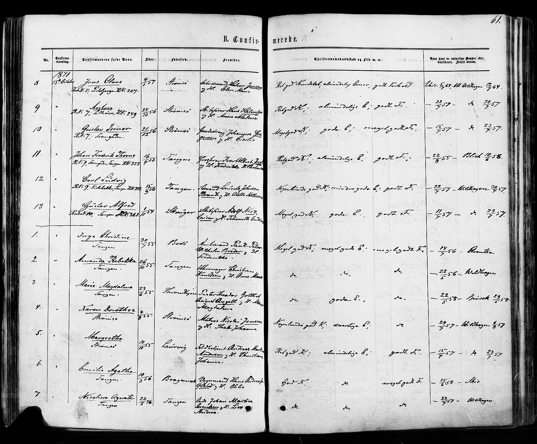 Strømsø kirkebøker, AV/SAKO-A-246/F/Fa/L0018: Parish register (official) no. I 18, 1865-1878, p. 61