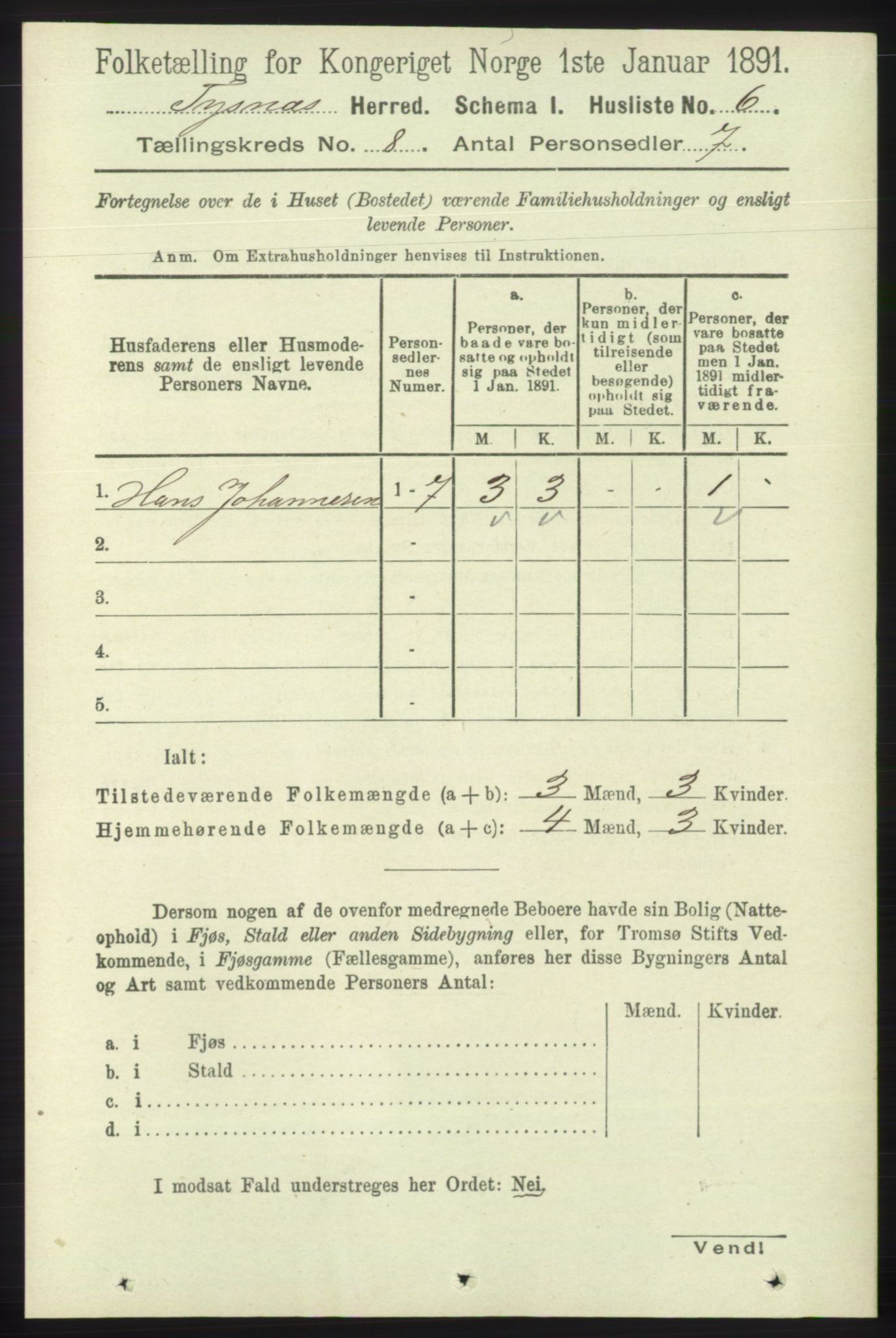 RA, 1891 census for 1223 Tysnes, 1891, p. 3583