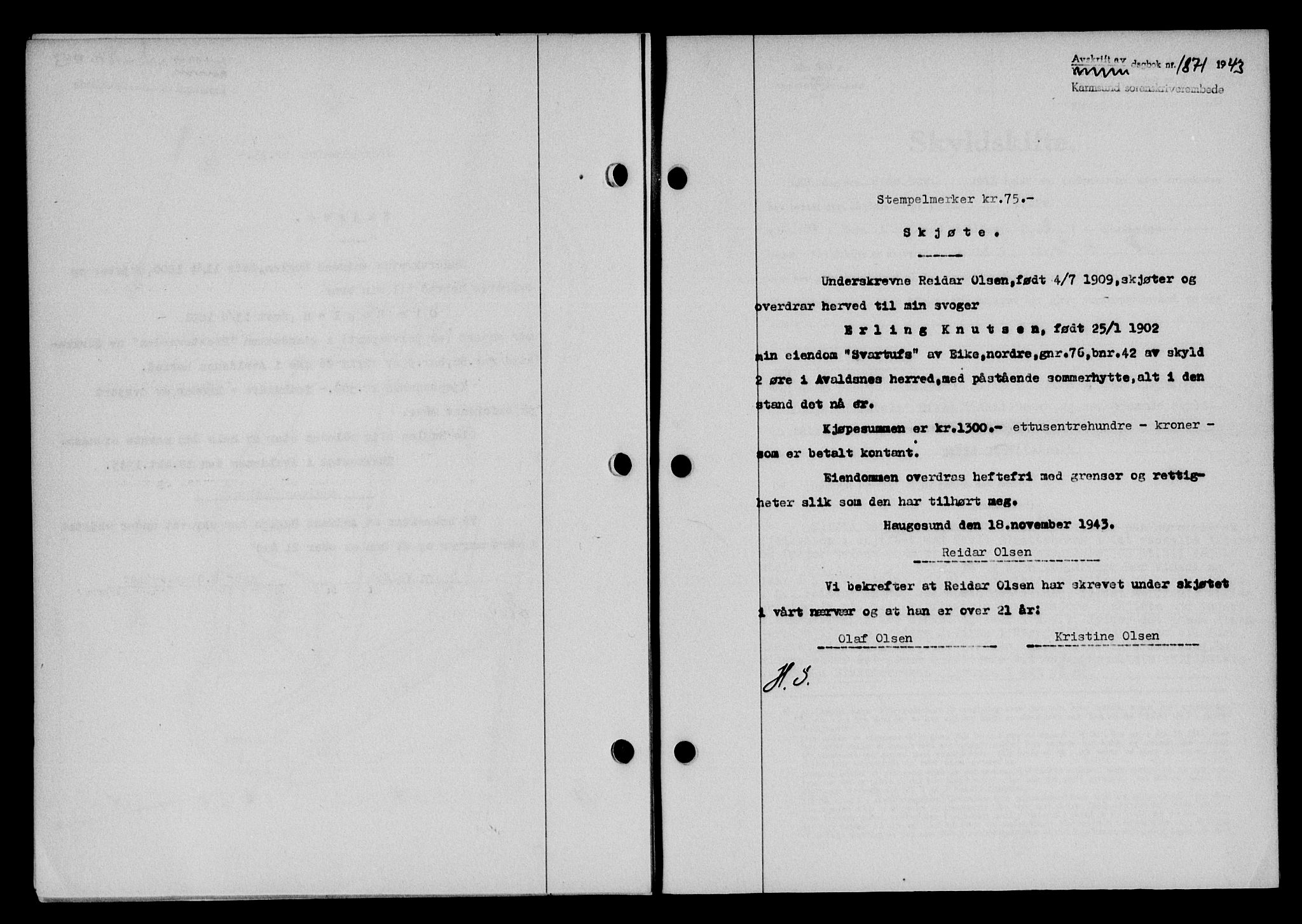Karmsund sorenskriveri, SAST/A-100311/01/II/IIB/L0080: Mortgage book no. 61A, 1943-1943, Diary no: : 1871/1943