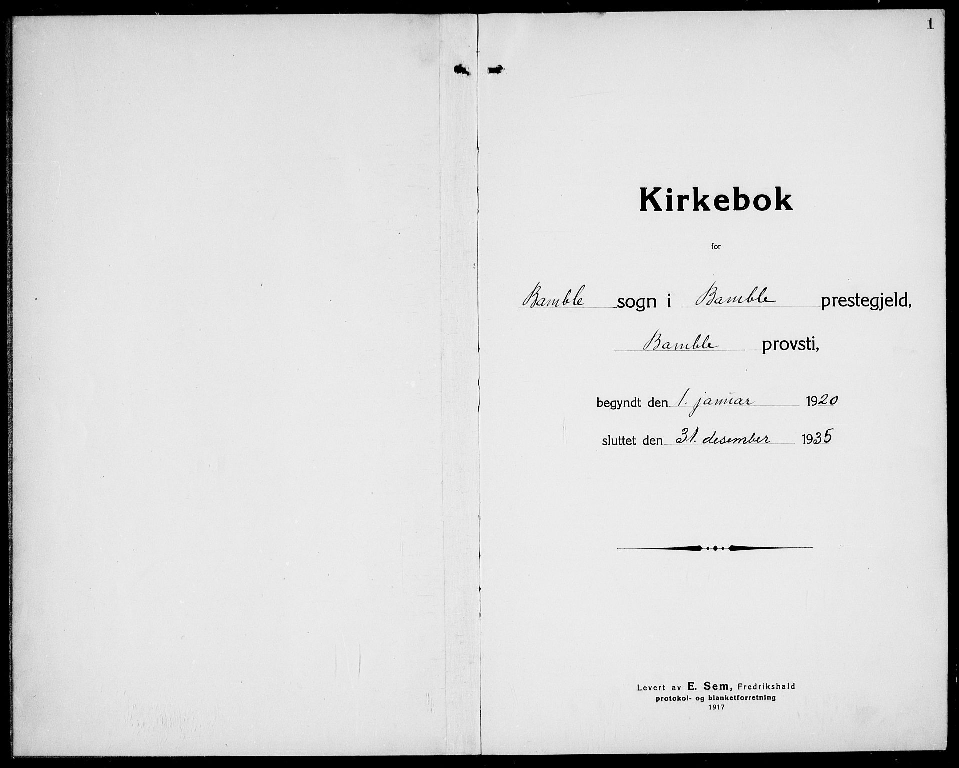 Bamble kirkebøker, AV/SAKO-A-253/G/Ga/L0011: Parish register (copy) no. I 11, 1920-1935, p. 1