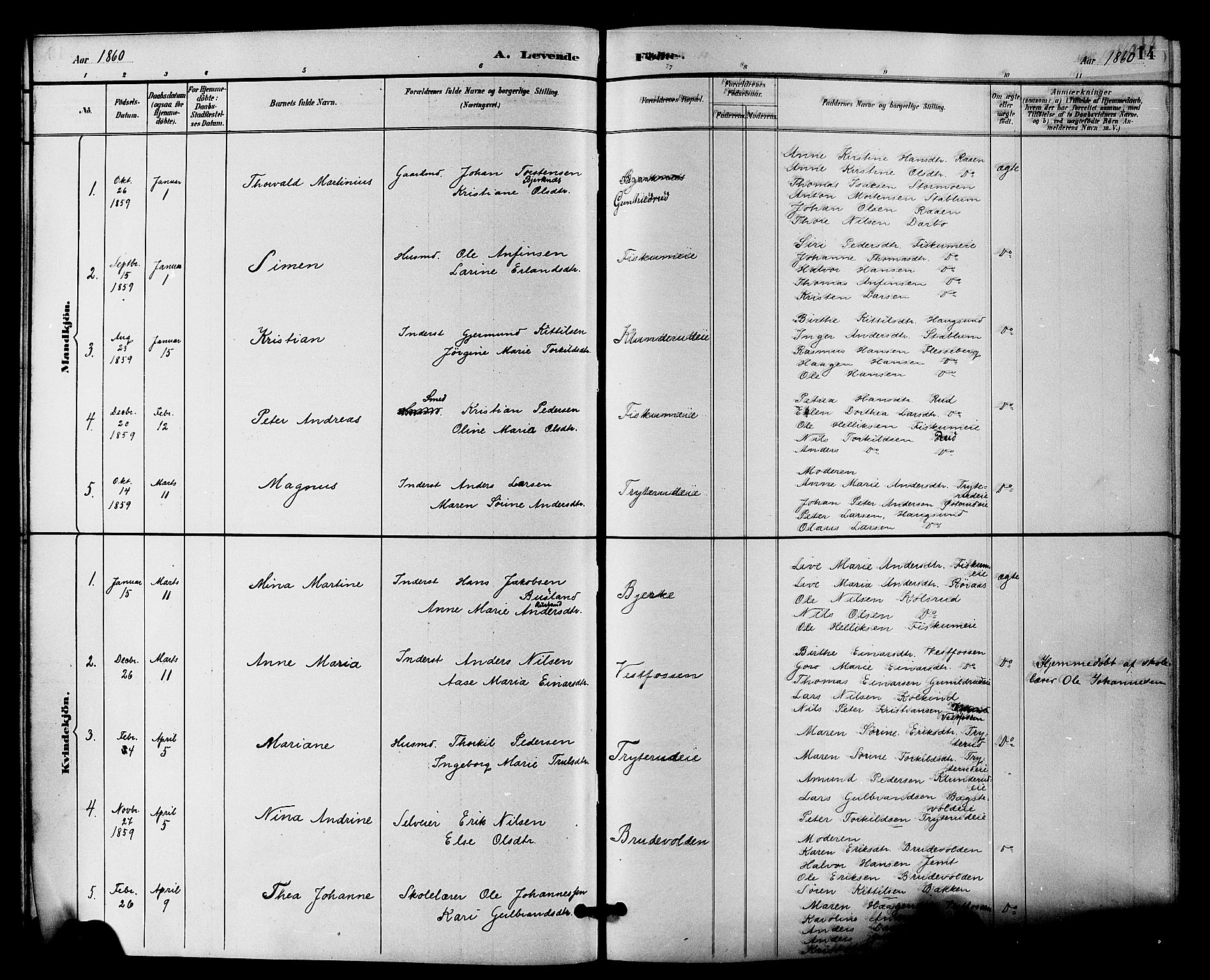 Fiskum kirkebøker, SAKO/A-15/F/Fa/L0001: Parish register (official) no. 1, 1858-1877, p. 14