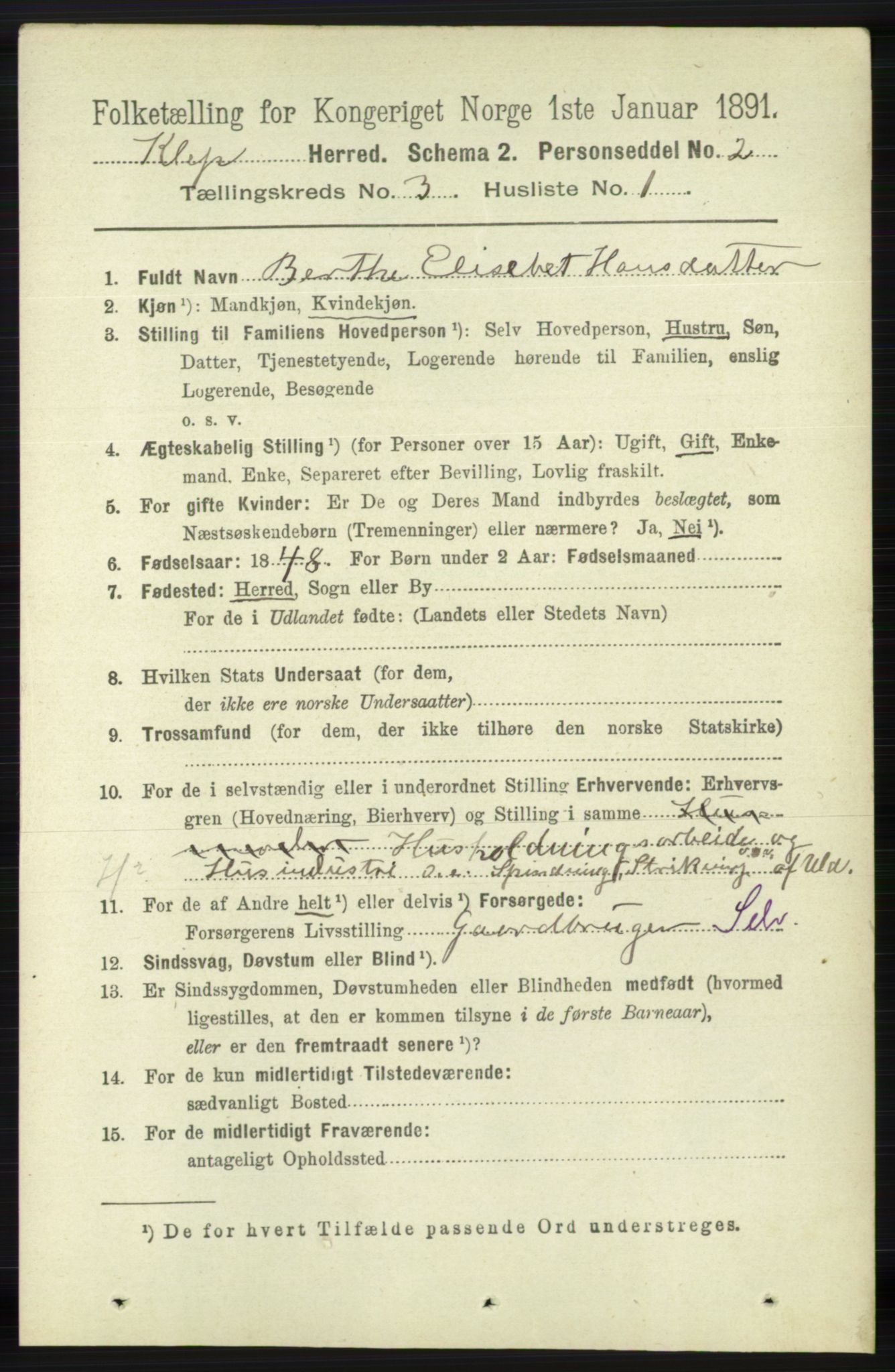 RA, 1891 census for 1120 Klepp, 1891, p. 642