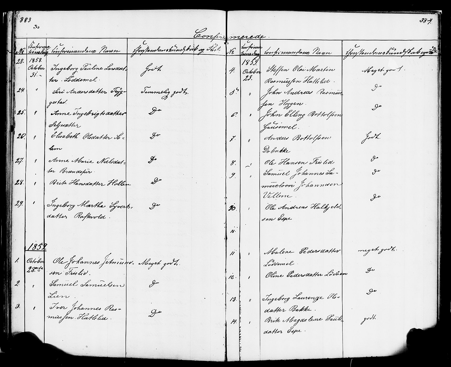 Hornindal sokneprestembete, SAB/A-82401/H/Haa/Haaa/L0001: Parish register (official) no. A 1, 1837-1866, p. 384-385