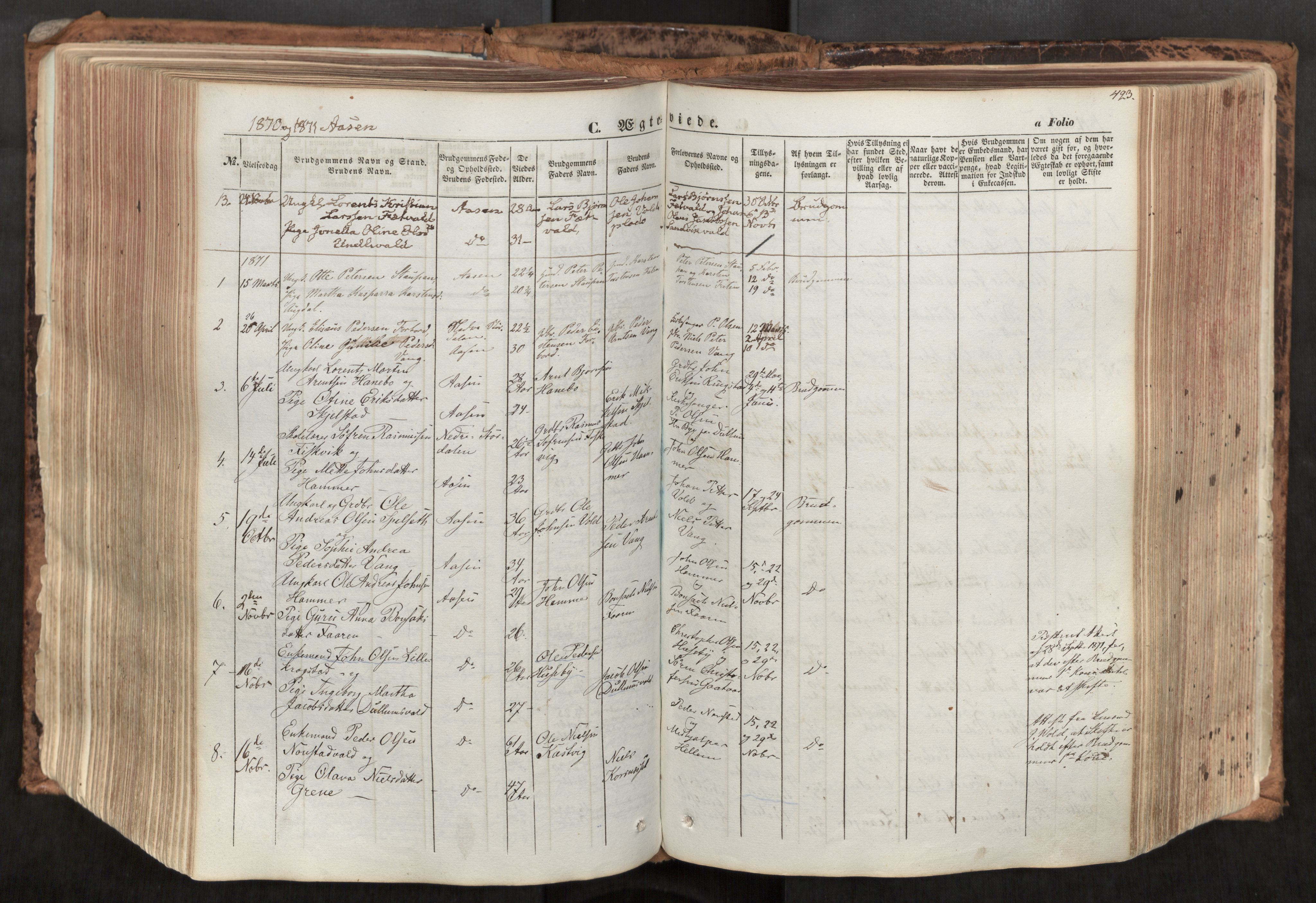 Ministerialprotokoller, klokkerbøker og fødselsregistre - Nord-Trøndelag, SAT/A-1458/713/L0116: Parish register (official) no. 713A07, 1850-1877, p. 423