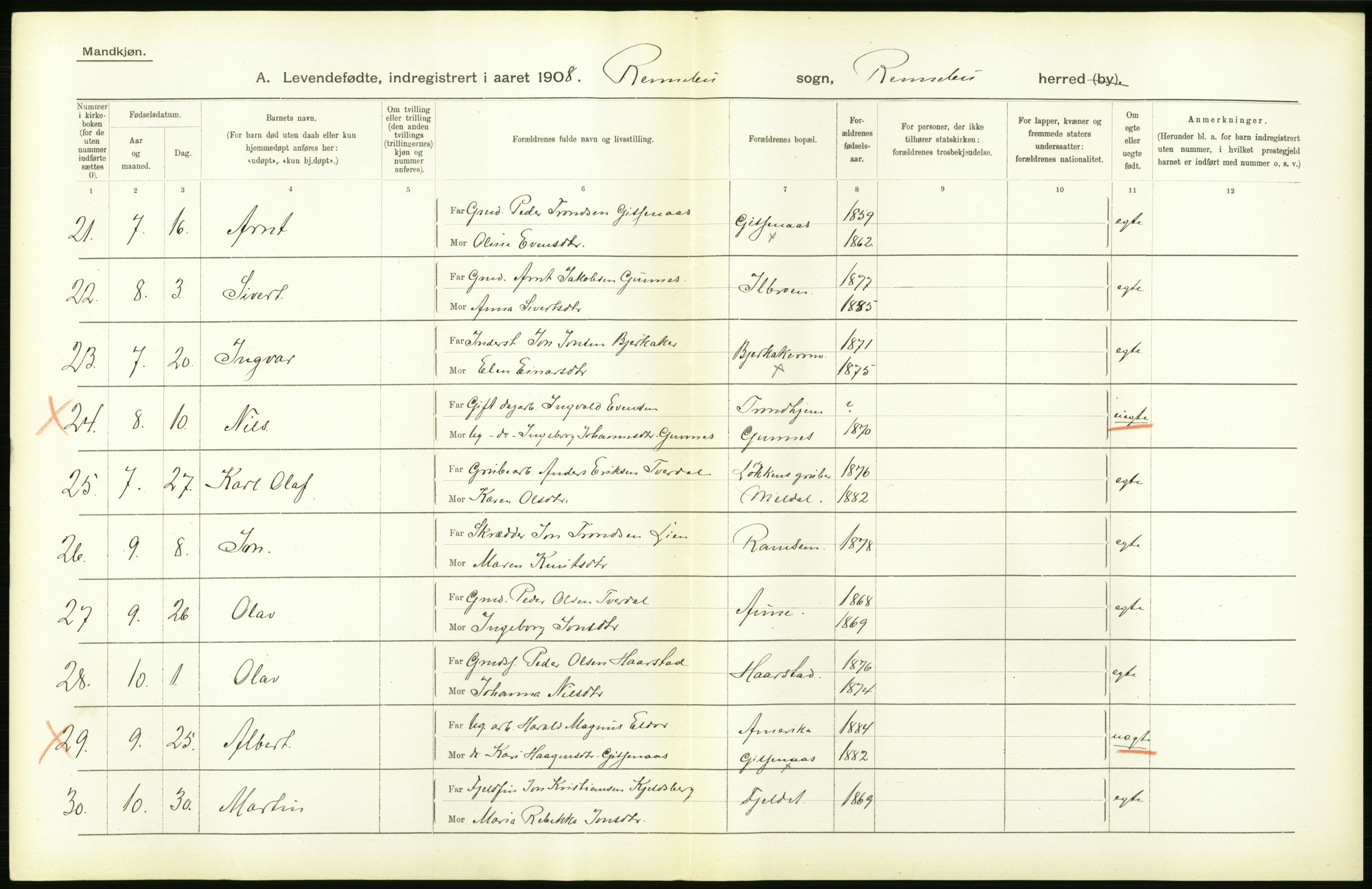 Statistisk sentralbyrå, Sosiodemografiske emner, Befolkning, AV/RA-S-2228/D/Df/Dfa/Dfaf/L0038: S. Trondhjem amt: Levendefødte menn og kvinner. Bygder., 1908, p. 40