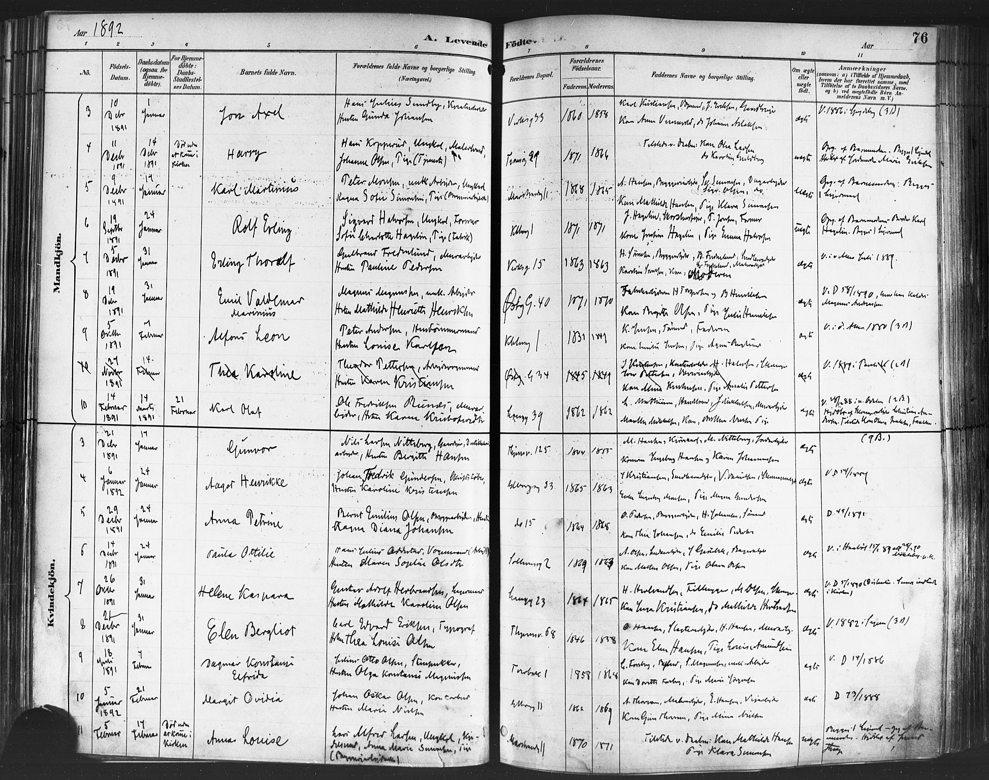 Petrus prestekontor Kirkebøker, AV/SAO-A-10872/F/Fa/L0004: Parish register (official) no. I 4, 1888-1898, p. 76
