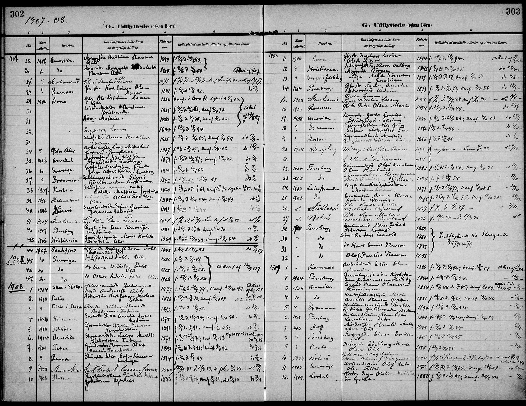 Sem kirkebøker, SAKO/A-5/F/Fa/L0012: Parish register (official) no. I 12, 1905-1915, p. 302-303