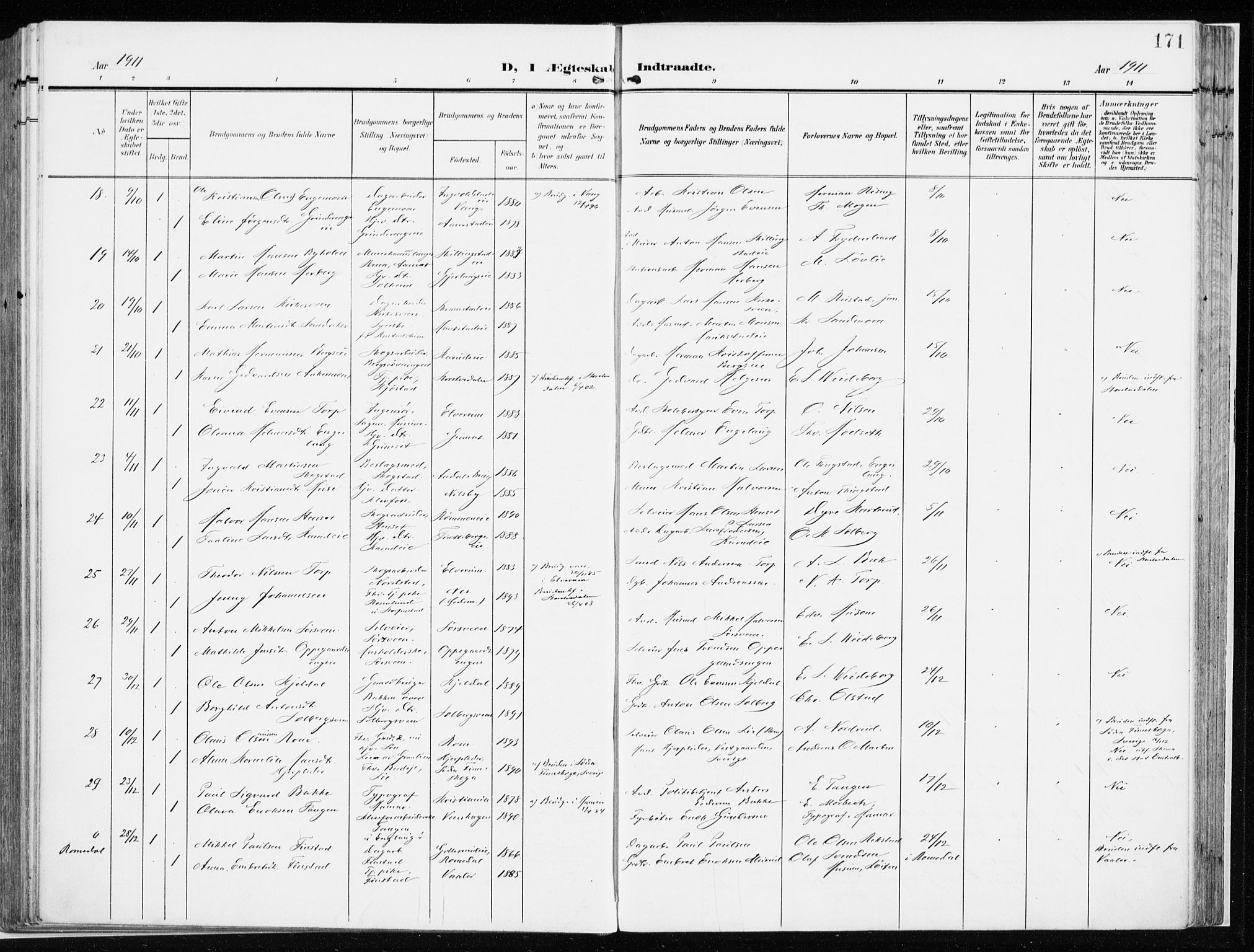 Løten prestekontor, AV/SAH-PREST-022/K/Ka/L0011: Parish register (official) no. 11, 1908-1917, p. 171