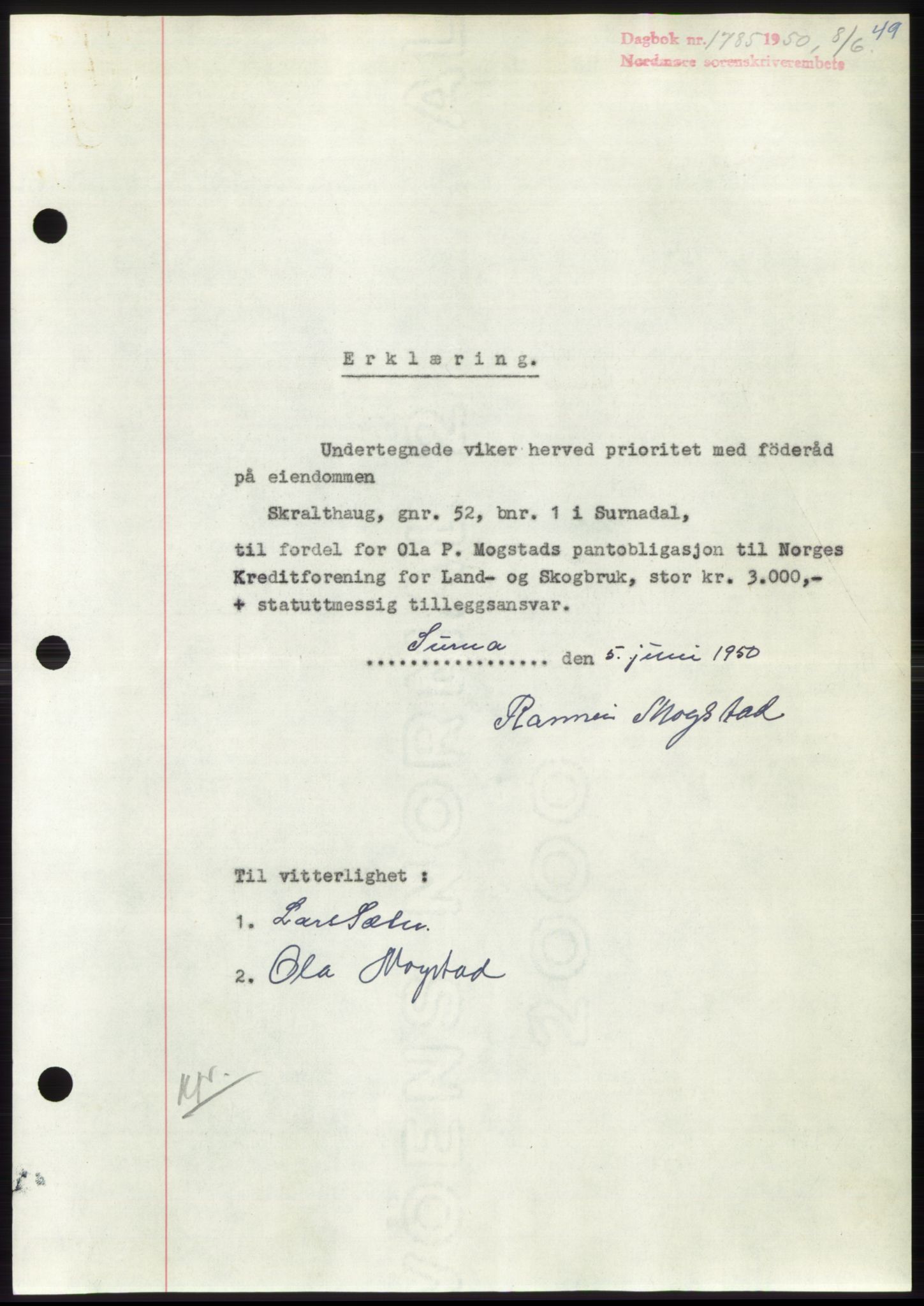 Nordmøre sorenskriveri, AV/SAT-A-4132/1/2/2Ca: Mortgage book no. B105, 1950-1950, Diary no: : 1785/1950