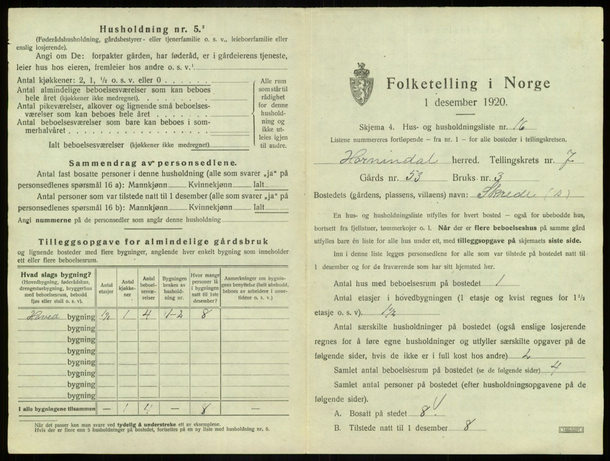 SAB, 1920 census for Hornindal, 1920, p. 503