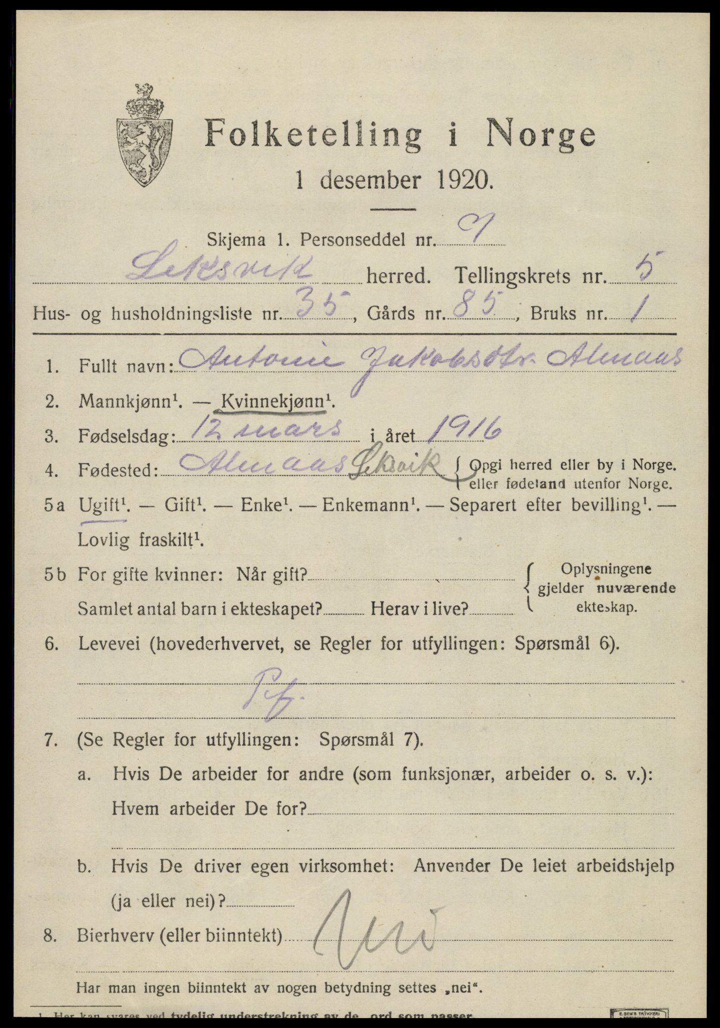 SAT, 1920 census for Leksvik, 1920, p. 5226