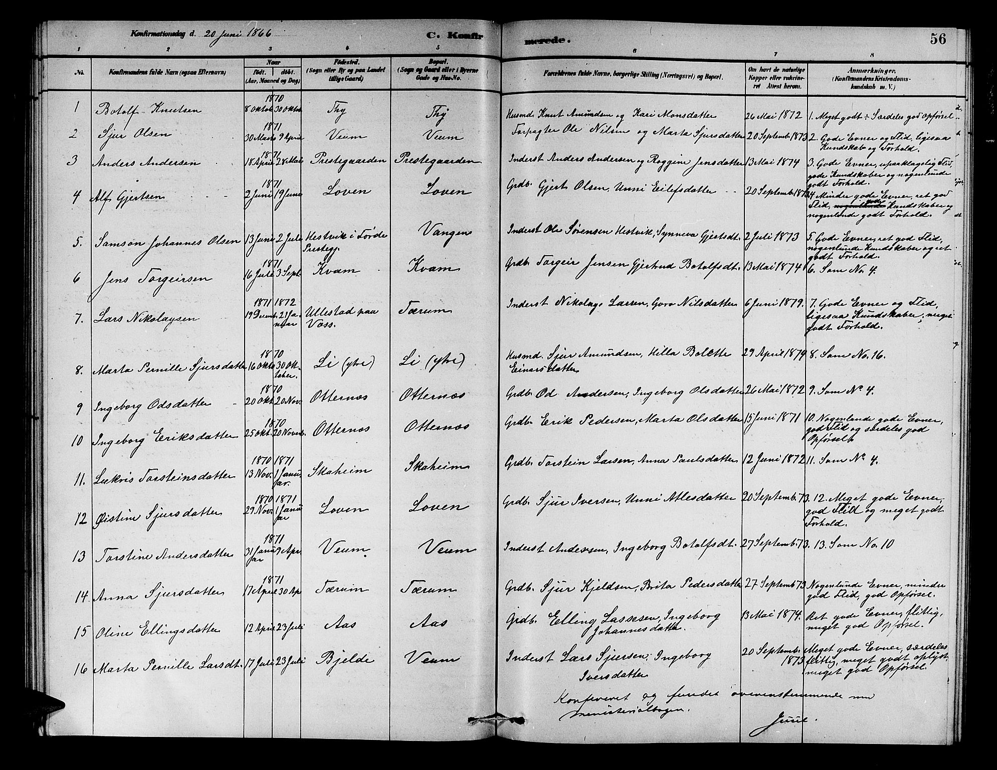 Aurland sokneprestembete, AV/SAB-A-99937/H/Hb/Hba/L0002: Parish register (copy) no. A 2, 1880-1895, p. 56