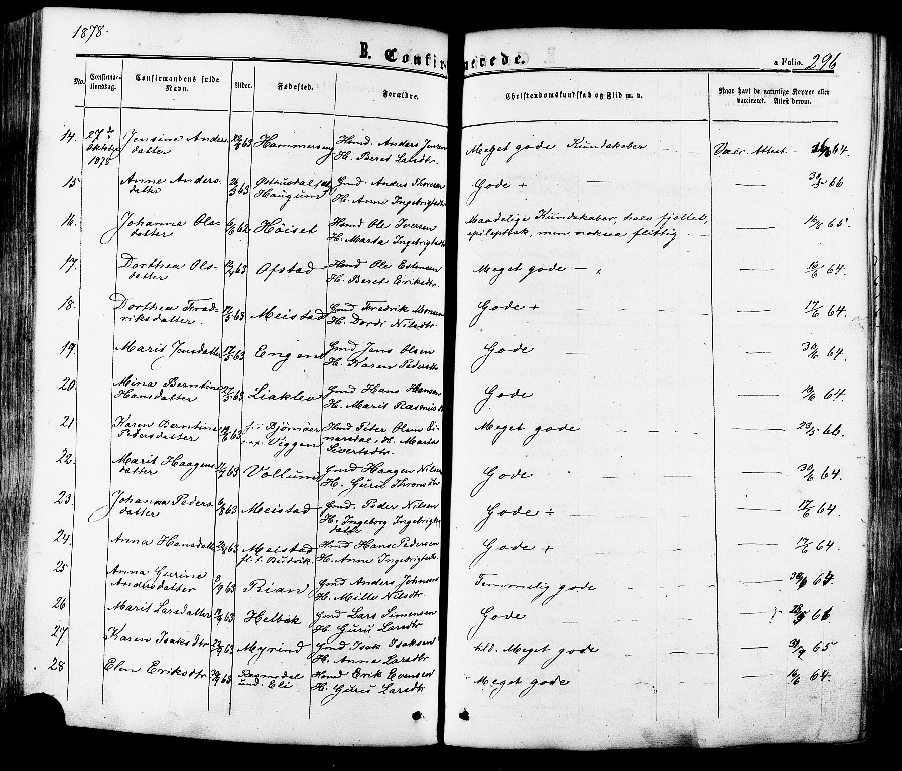 Ministerialprotokoller, klokkerbøker og fødselsregistre - Sør-Trøndelag, AV/SAT-A-1456/665/L0772: Parish register (official) no. 665A07, 1856-1878, p. 296