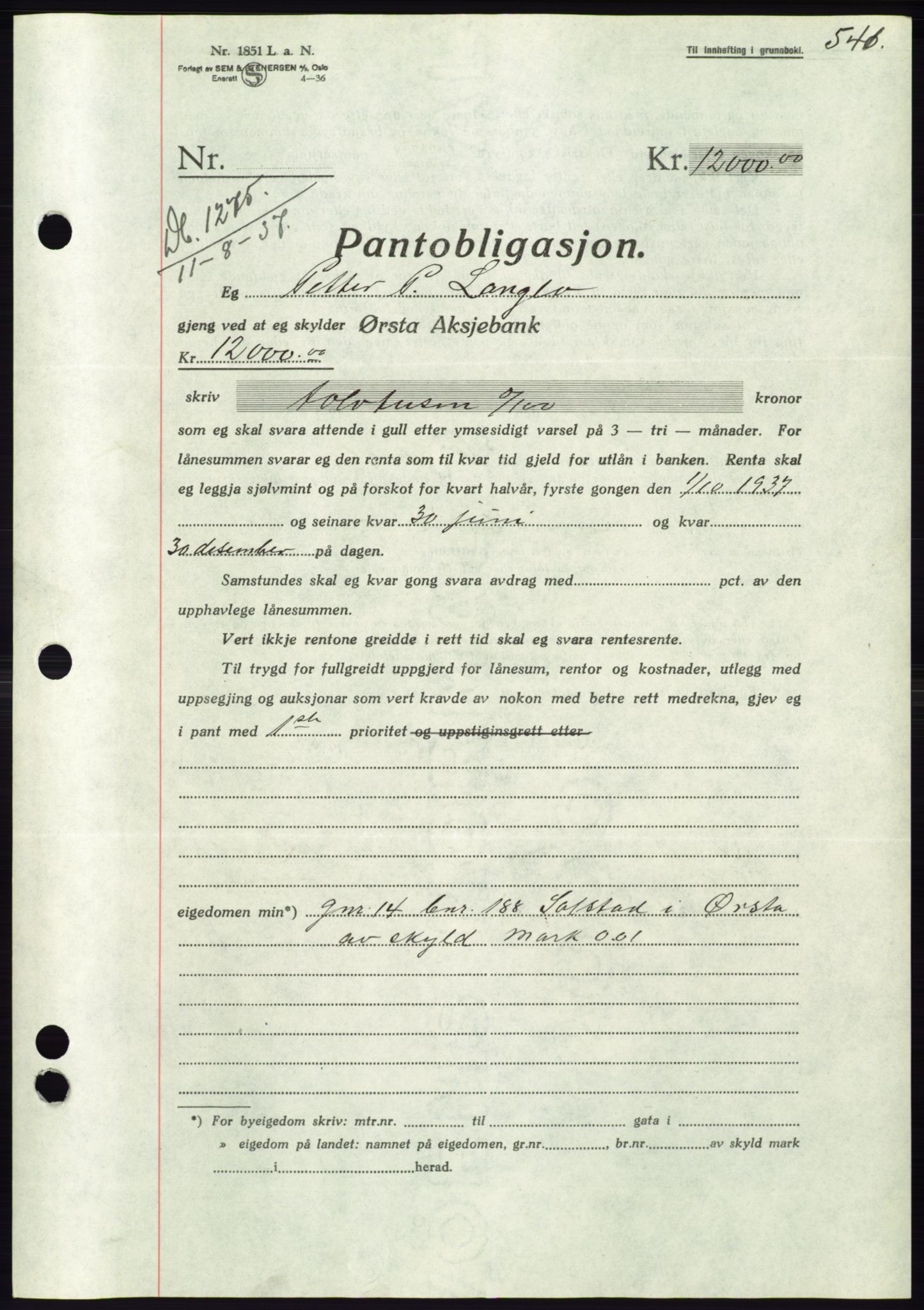 Søre Sunnmøre sorenskriveri, AV/SAT-A-4122/1/2/2C/L0063: Mortgage book no. 57, 1937-1937, Diary no: : 1275/1937