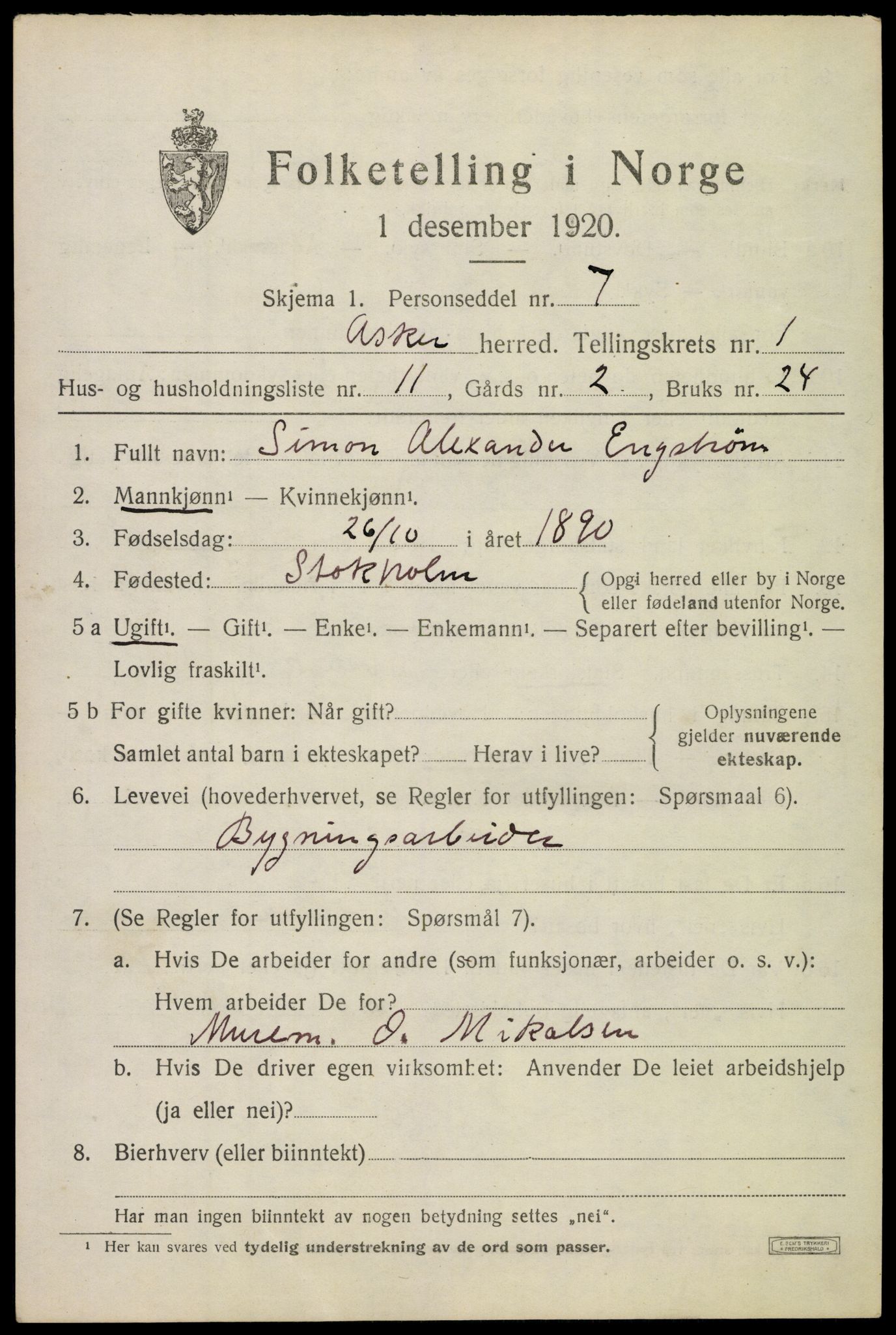 SAO, 1920 census for Asker, 1920, p. 2516