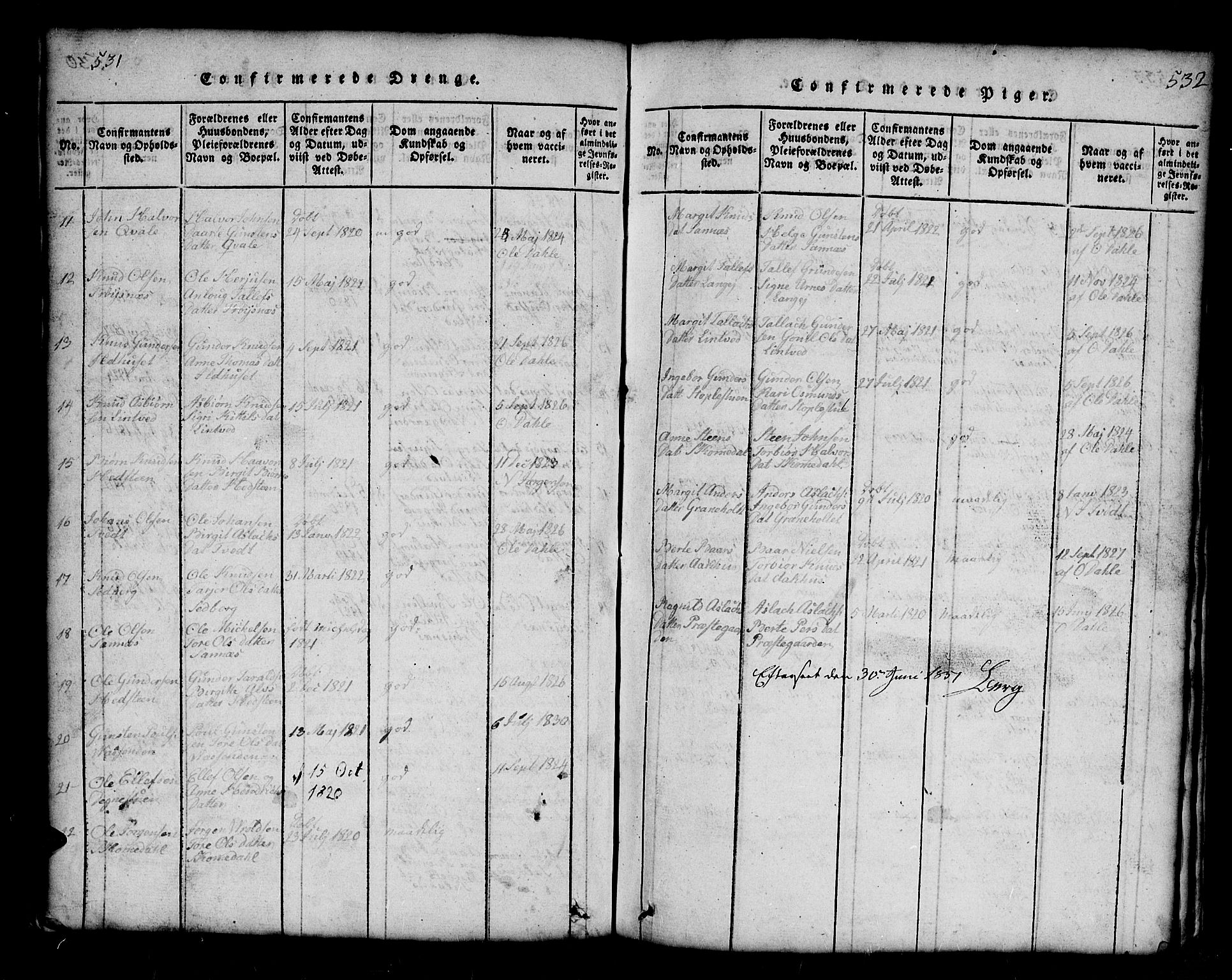 Bygland sokneprestkontor, SAK/1111-0006/F/Fb/Fbb/L0001: Parish register (copy) no. B 1, 1816-1843, p. 531-532