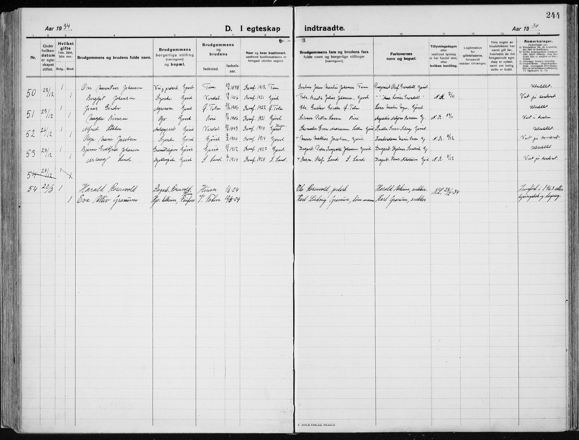 Vardal prestekontor, SAH/PREST-100/H/Ha/Haa/L0015: Parish register (official) no. 15, 1923-1937, p. 244