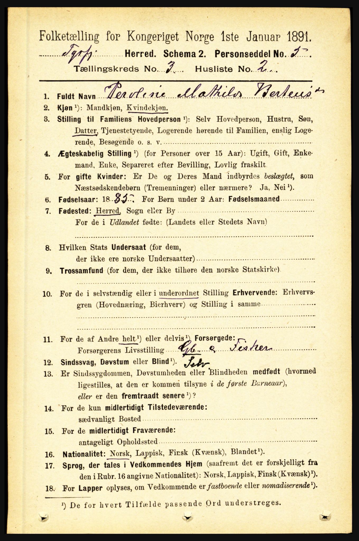 RA, 1891 census for 1850 Tysfjord, 1891, p. 1056