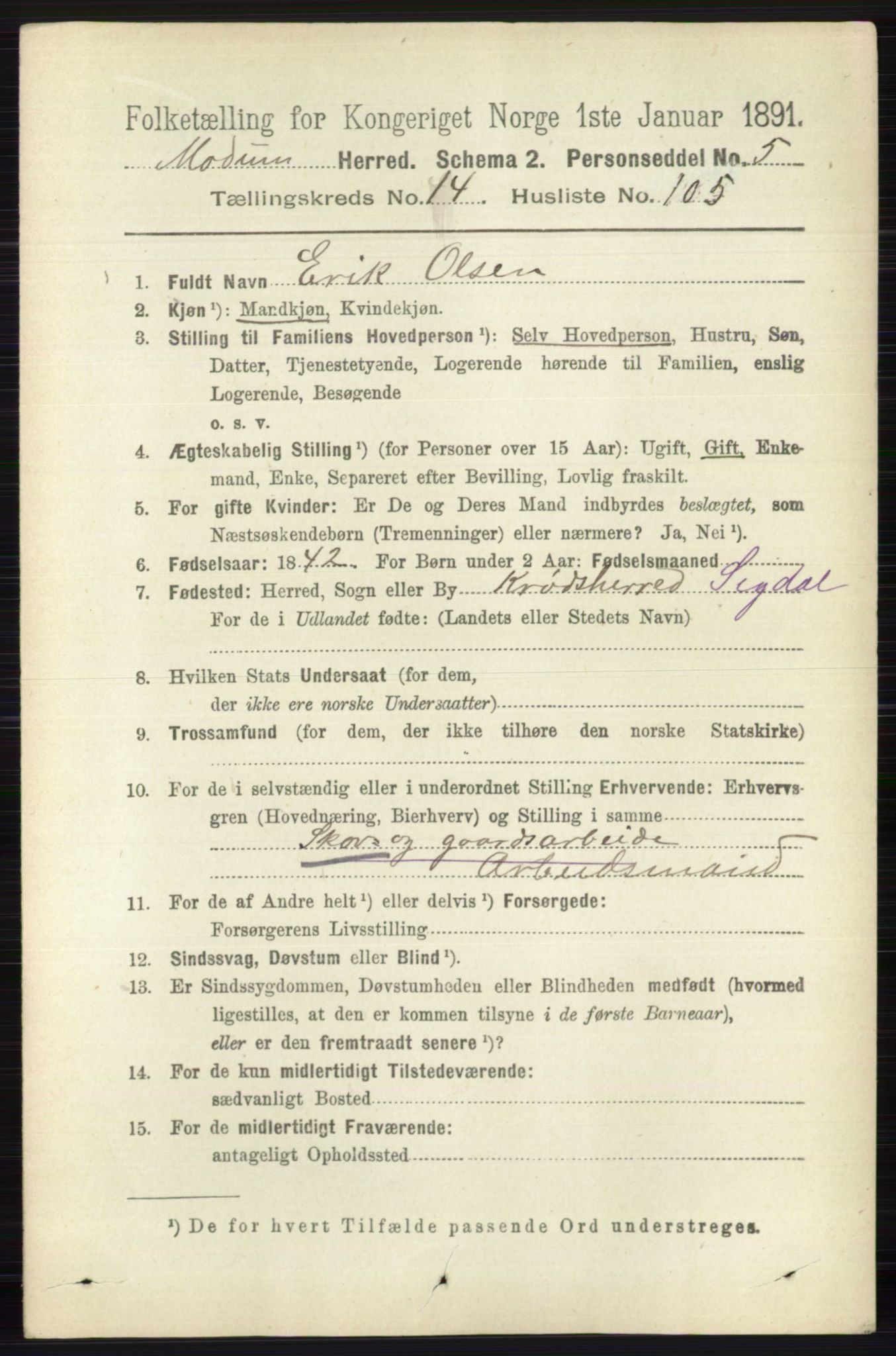 RA, 1891 census for 0623 Modum, 1891, p. 6106