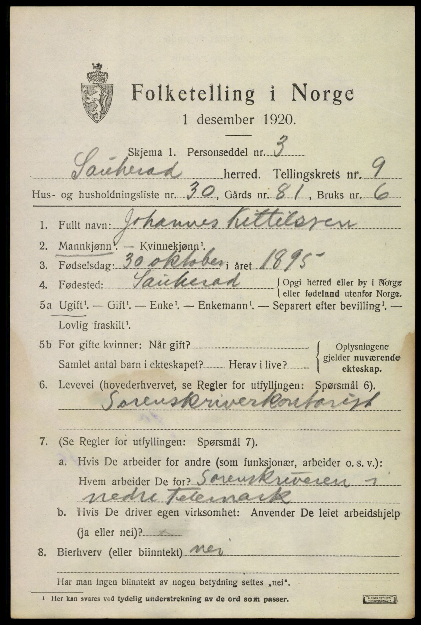 SAKO, 1920 census for Sauherad, 1920, p. 7149