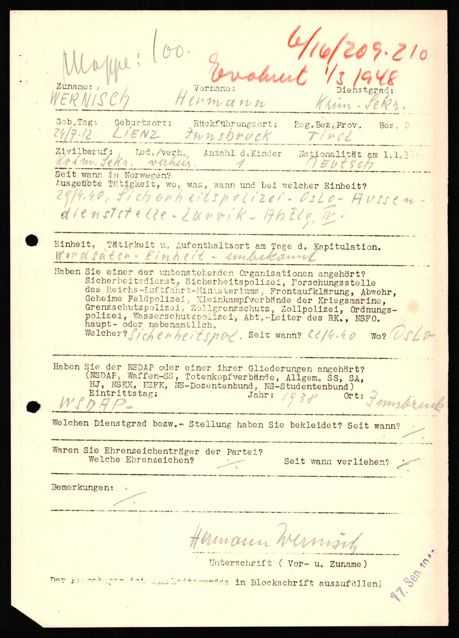 Forsvaret, Forsvarets overkommando II, AV/RA-RAFA-3915/D/Db/L0040: CI Questionaires. Tyske okkupasjonsstyrker i Norge. Østerrikere., 1945-1946, p. 400