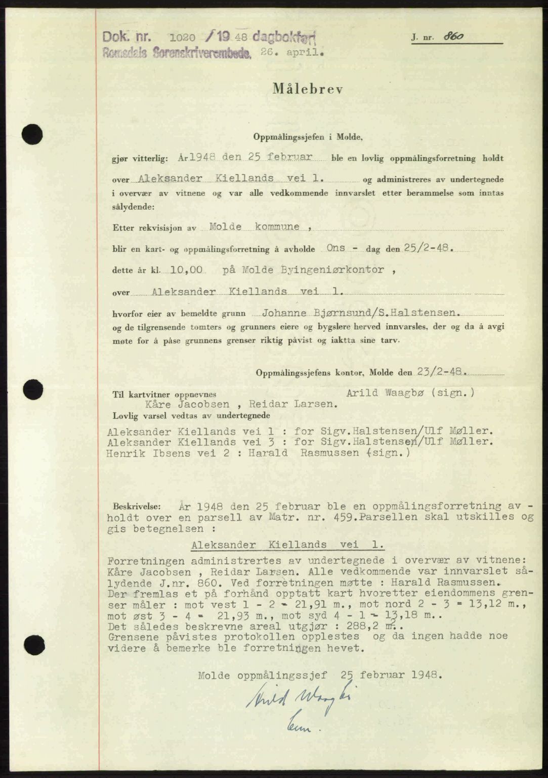 Romsdal sorenskriveri, AV/SAT-A-4149/1/2/2C: Mortgage book no. A26, 1948-1948, Diary no: : 1020/1948