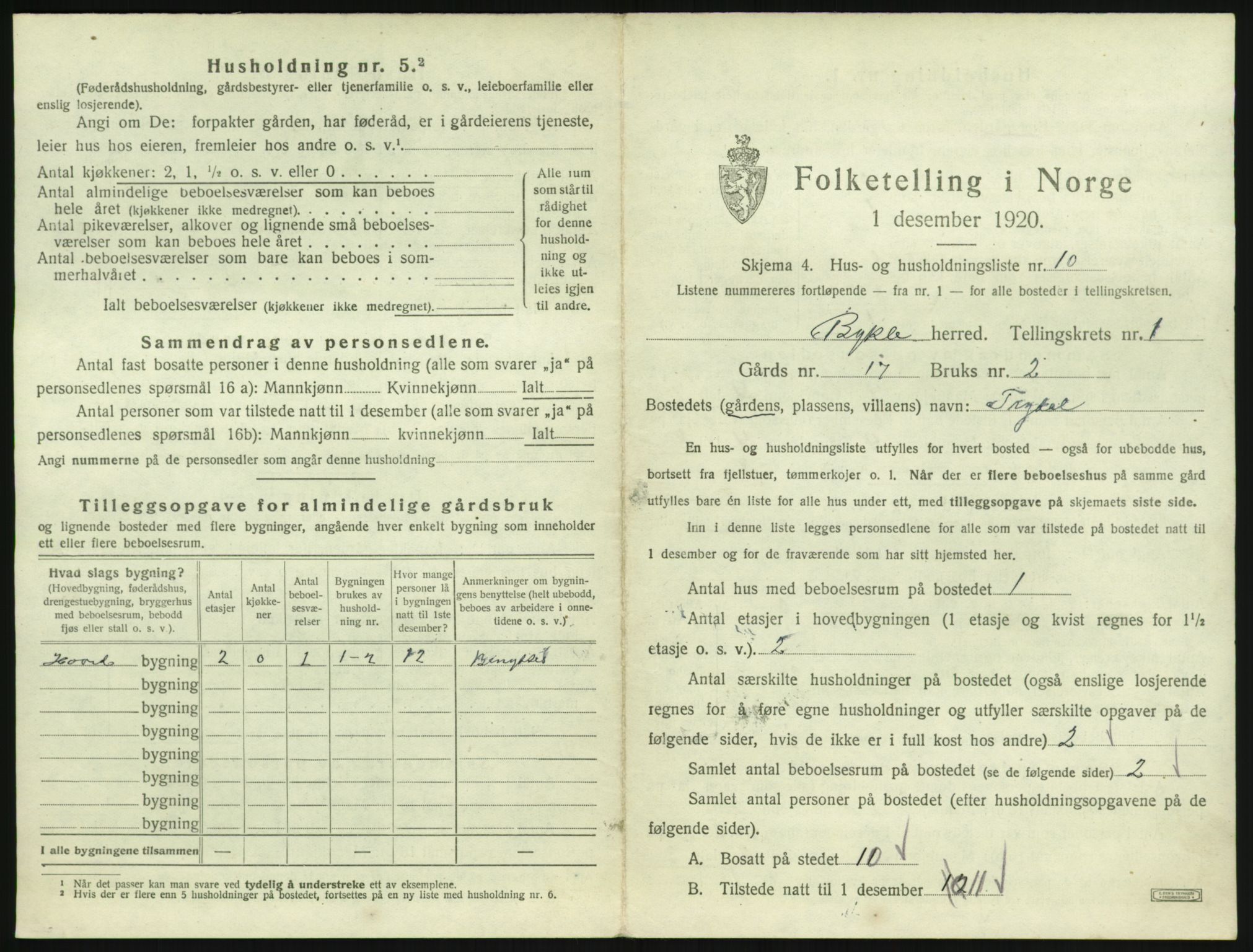 SAK, 1920 census for Bykle, 1920, p. 39