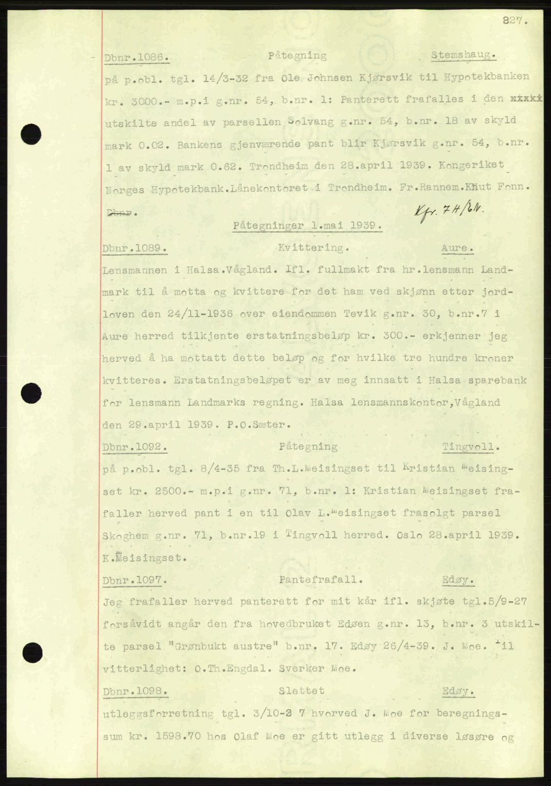 Nordmøre sorenskriveri, AV/SAT-A-4132/1/2/2Ca: Mortgage book no. C80, 1936-1939, Diary no: : 1086/1939