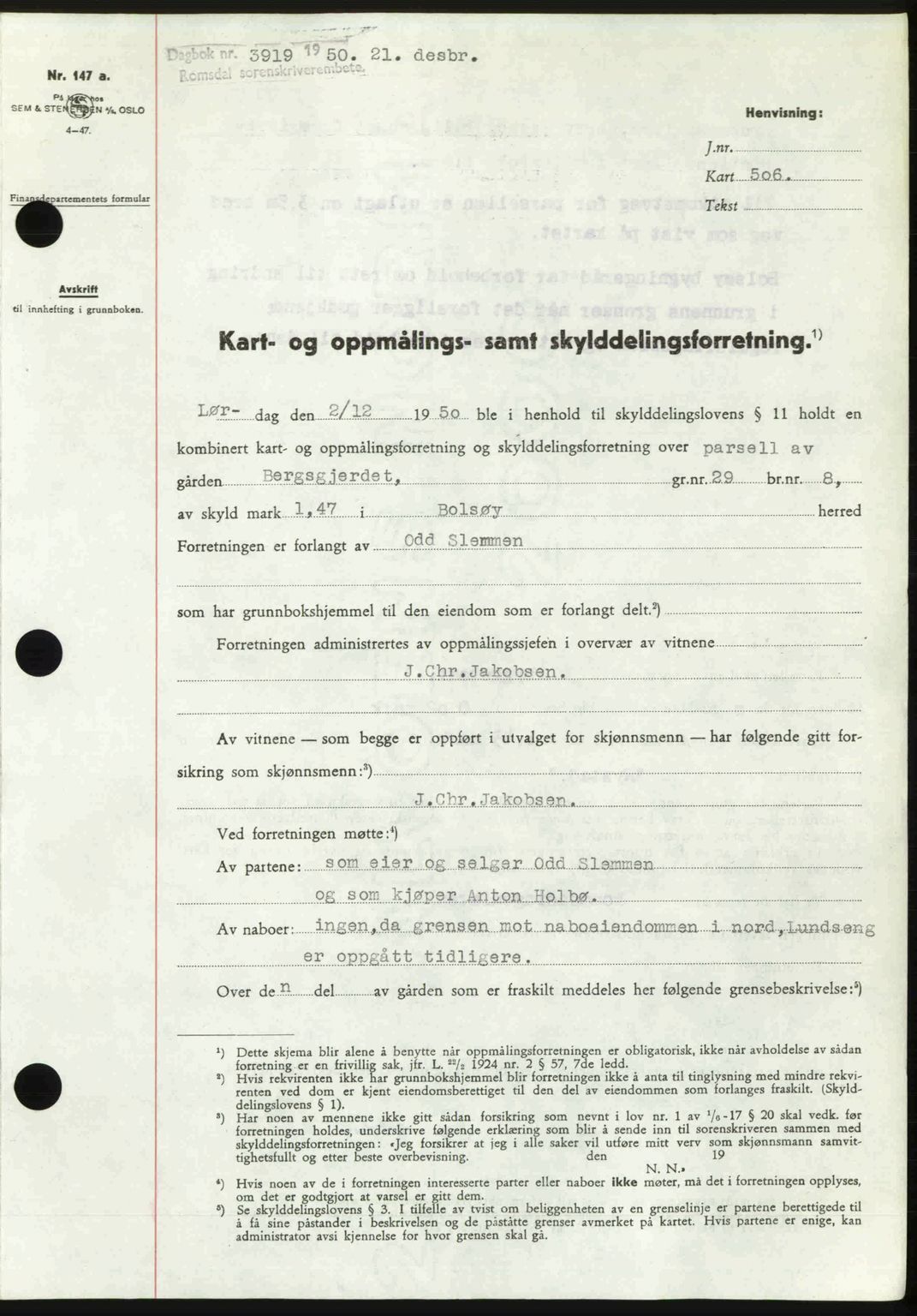 Romsdal sorenskriveri, AV/SAT-A-4149/1/2/2C: Mortgage book no. A35, 1950-1950, Diary no: : 3919/1950