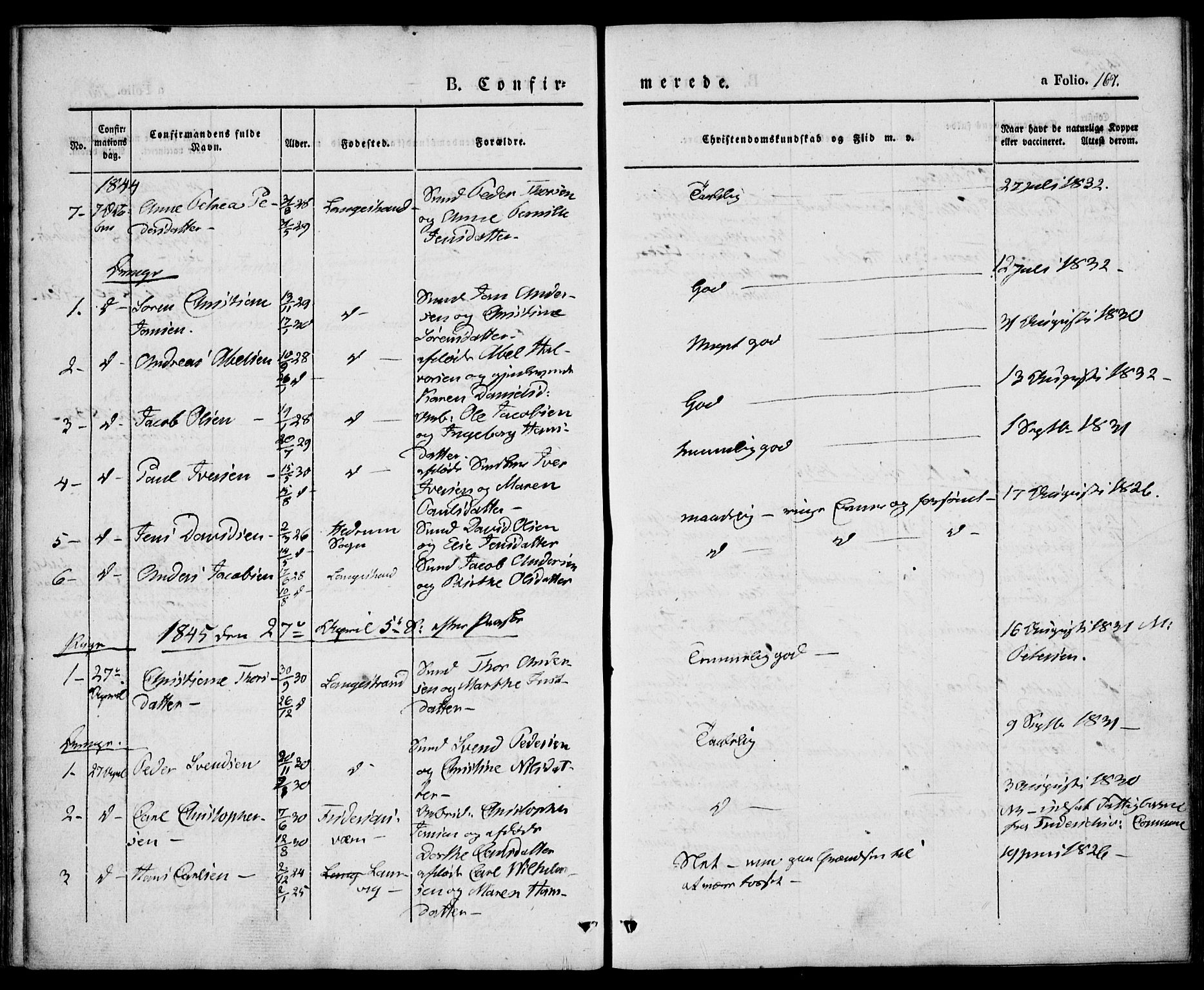 Larvik kirkebøker, SAKO/A-352/F/Fb/L0003: Parish register (official) no. II 3, 1842-1856, p. 167