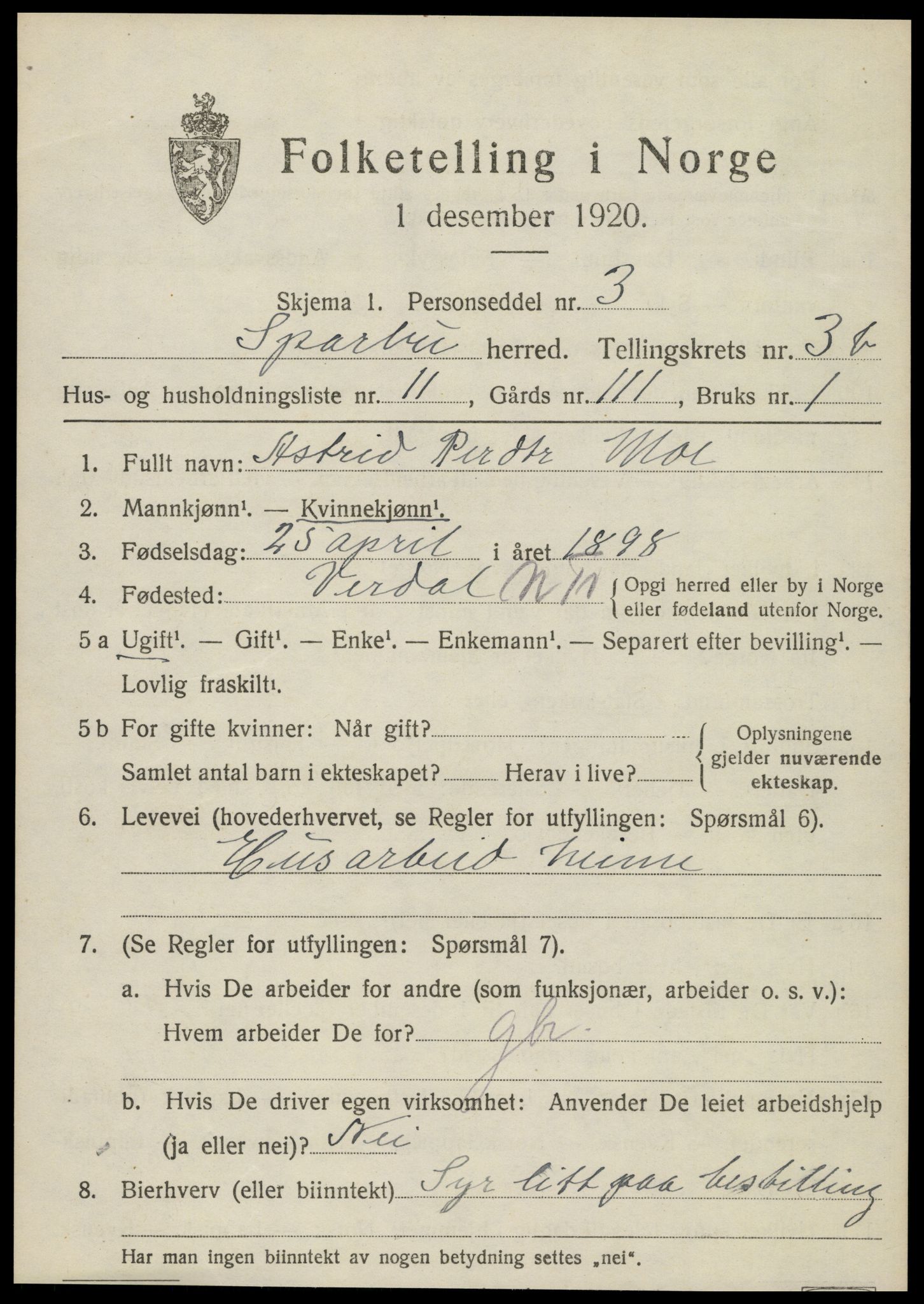 SAT, 1920 census for Sparbu, 1920, p. 4935