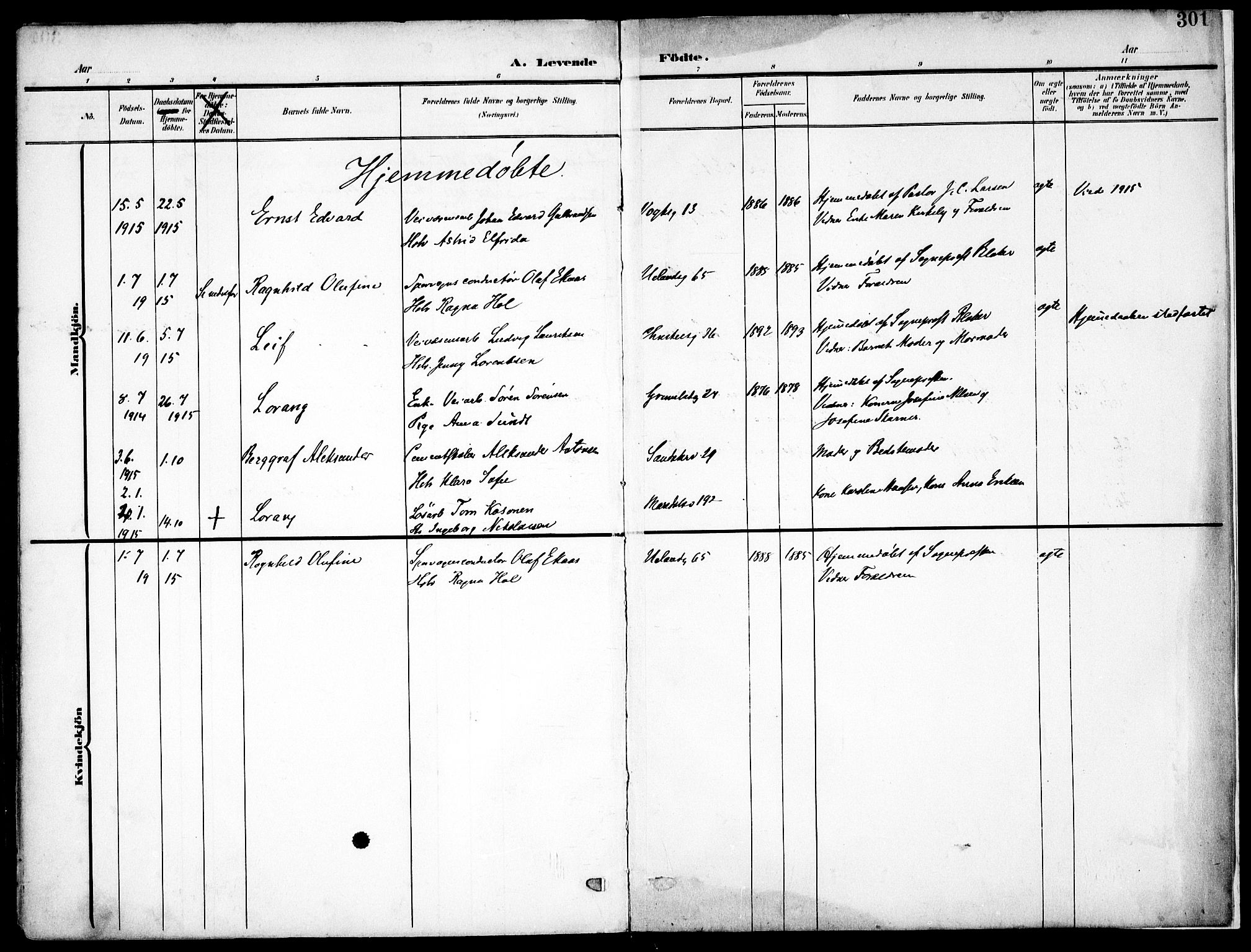 Sagene prestekontor Kirkebøker, SAO/A-10796/F/L0007: Parish register (official) no. 7, 1905-1915, p. 301