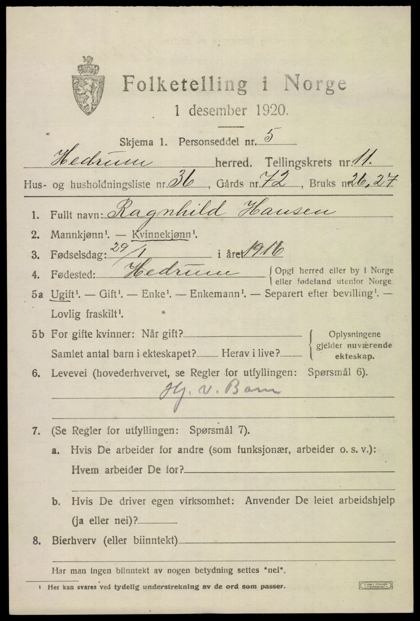 SAKO, 1920 census for Hedrum, 1920, p. 7943