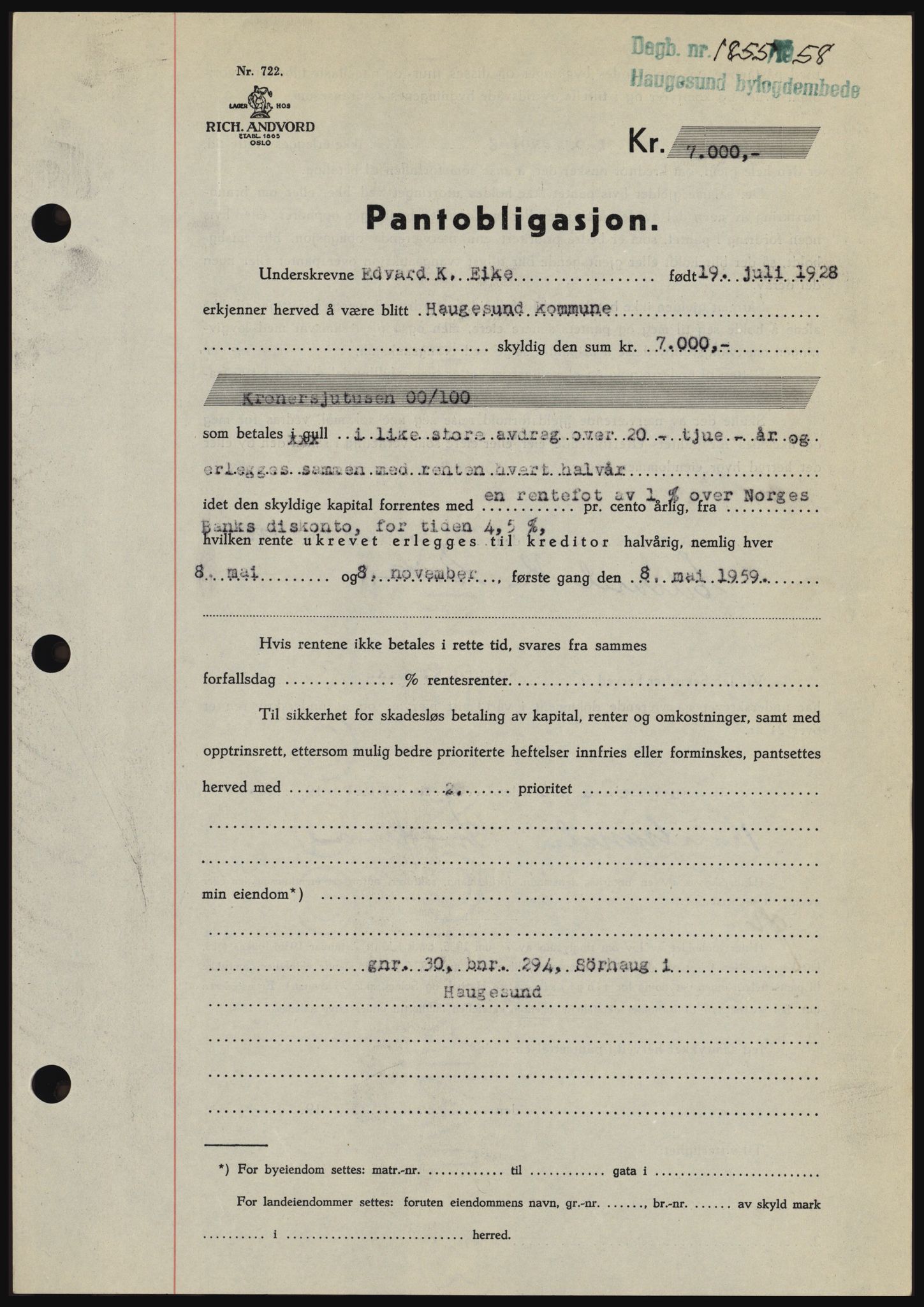 Haugesund tingrett, SAST/A-101415/01/II/IIC/L0044: Mortgage book no. B 44, 1958-1959, Diary no: : 1855/1958