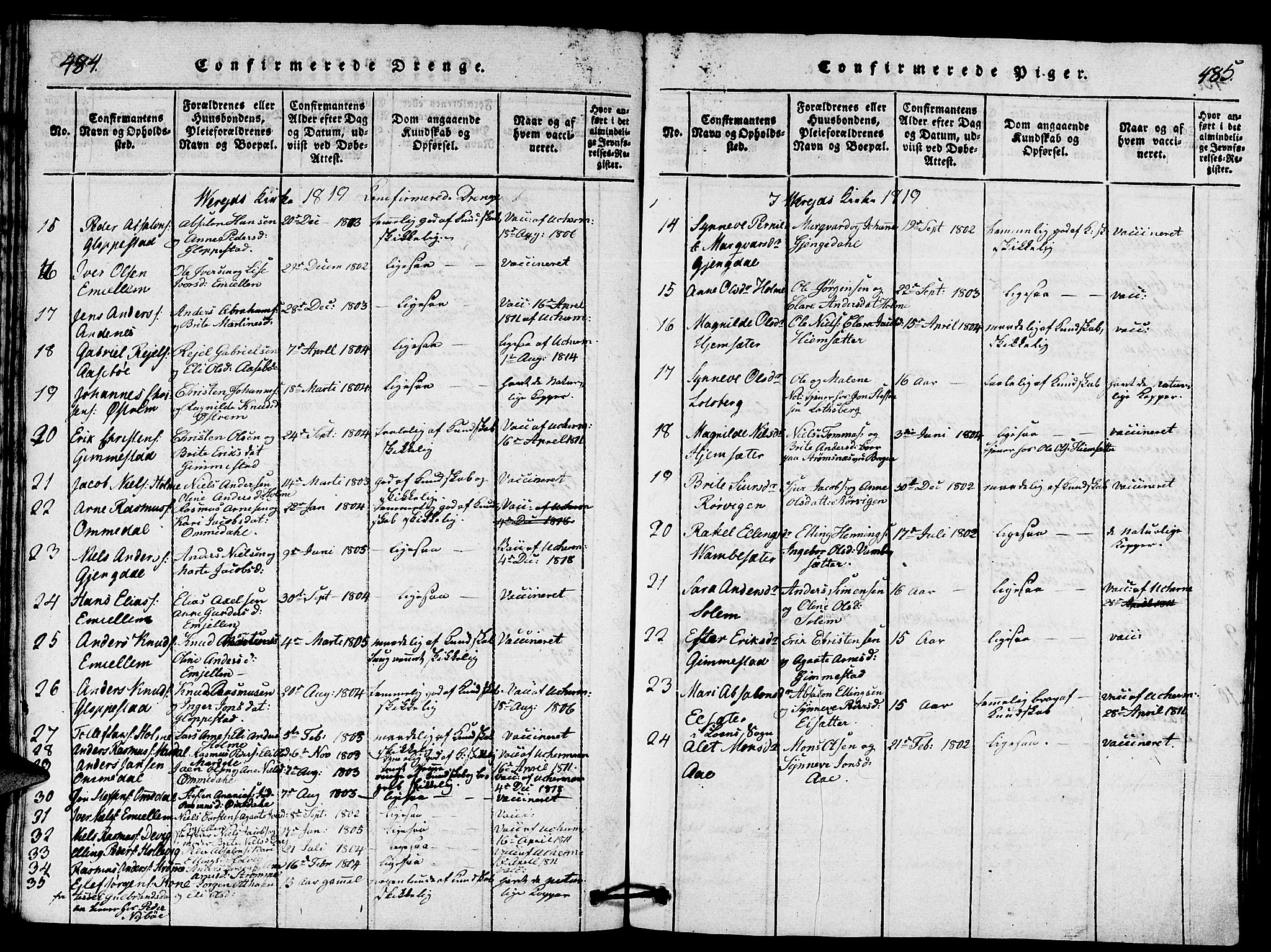 Gloppen sokneprestembete, SAB/A-80101/H/Hab/Haba/L0001: Parish register (copy) no. A 1, 1816-1827, p. 484-485