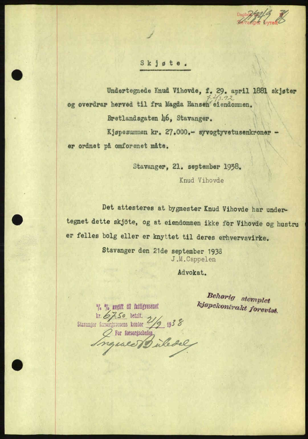 Stavanger byrett, SAST/A-100455/002/G/Gb/L0013: Mortgage book no. A3, 1937-1938, Diary no: : 2349/1938