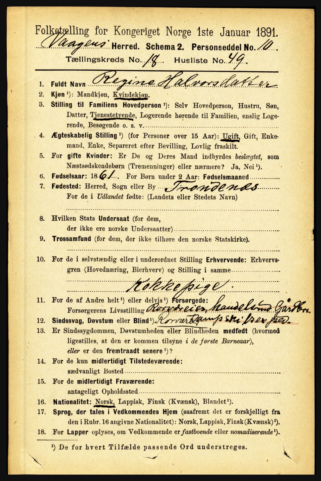 RA, 1891 census for 1865 Vågan, 1891, p. 5449