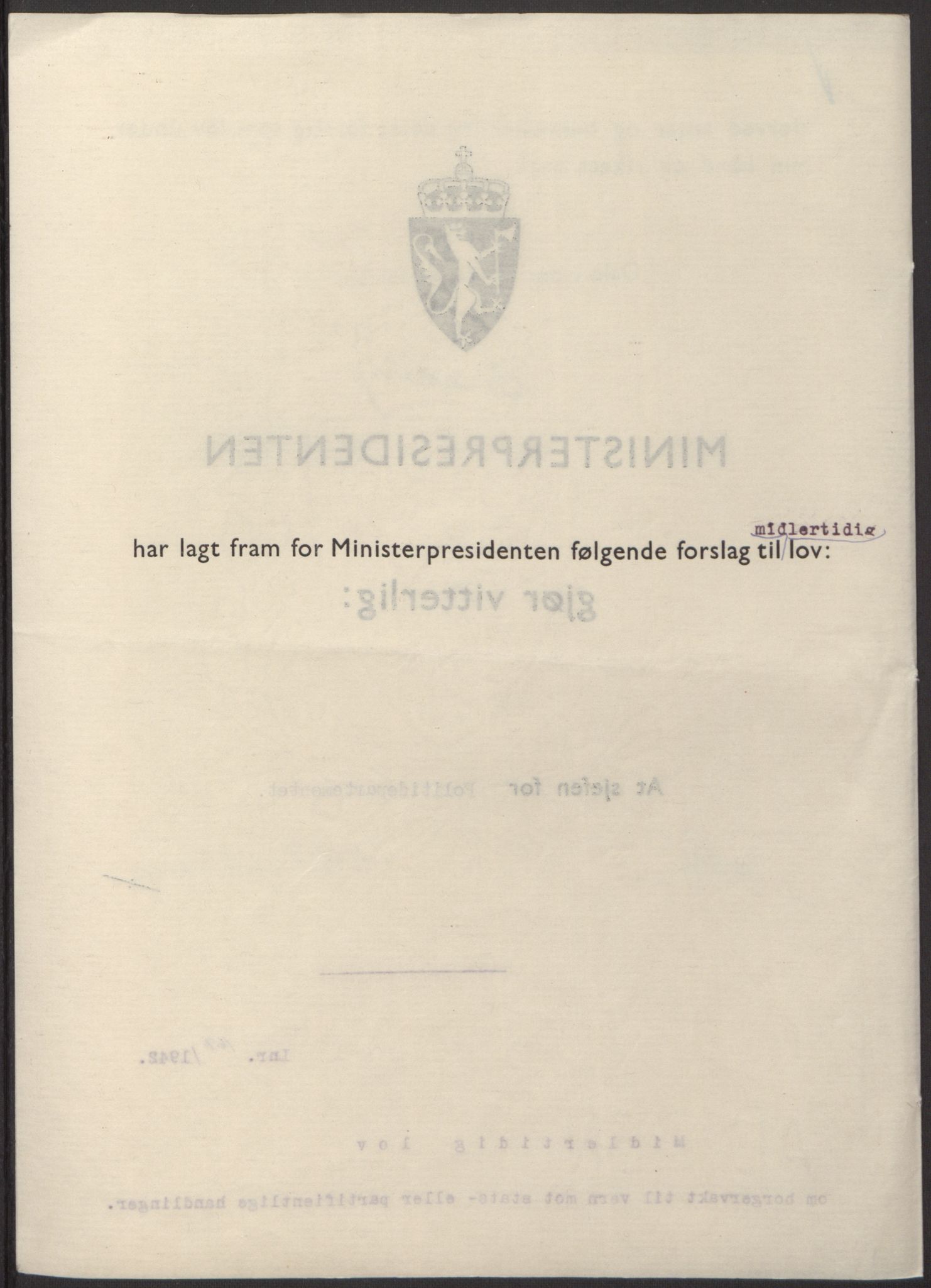 NS-administrasjonen 1940-1945 (Statsrådsekretariatet, de kommisariske statsråder mm), RA/S-4279/D/Db/L0098: Lover II, 1942, p. 257