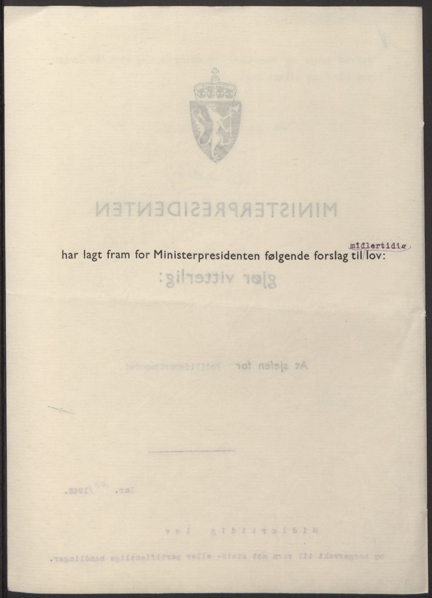 NS-administrasjonen 1940-1945 (Statsrådsekretariatet, de kommisariske statsråder mm), AV/RA-S-4279/D/Db/L0098: Lover II, 1942, p. 257