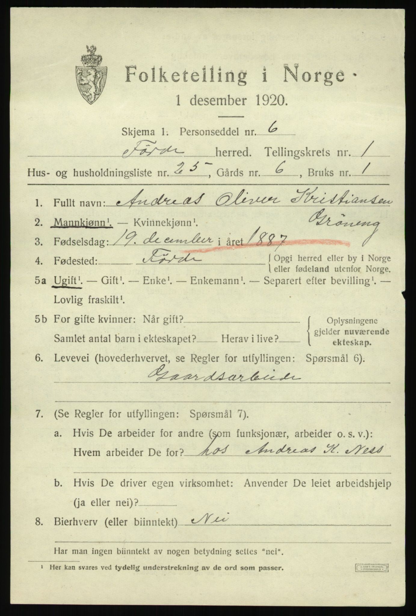 SAB, 1920 census for Førde, 1920, p. 1410