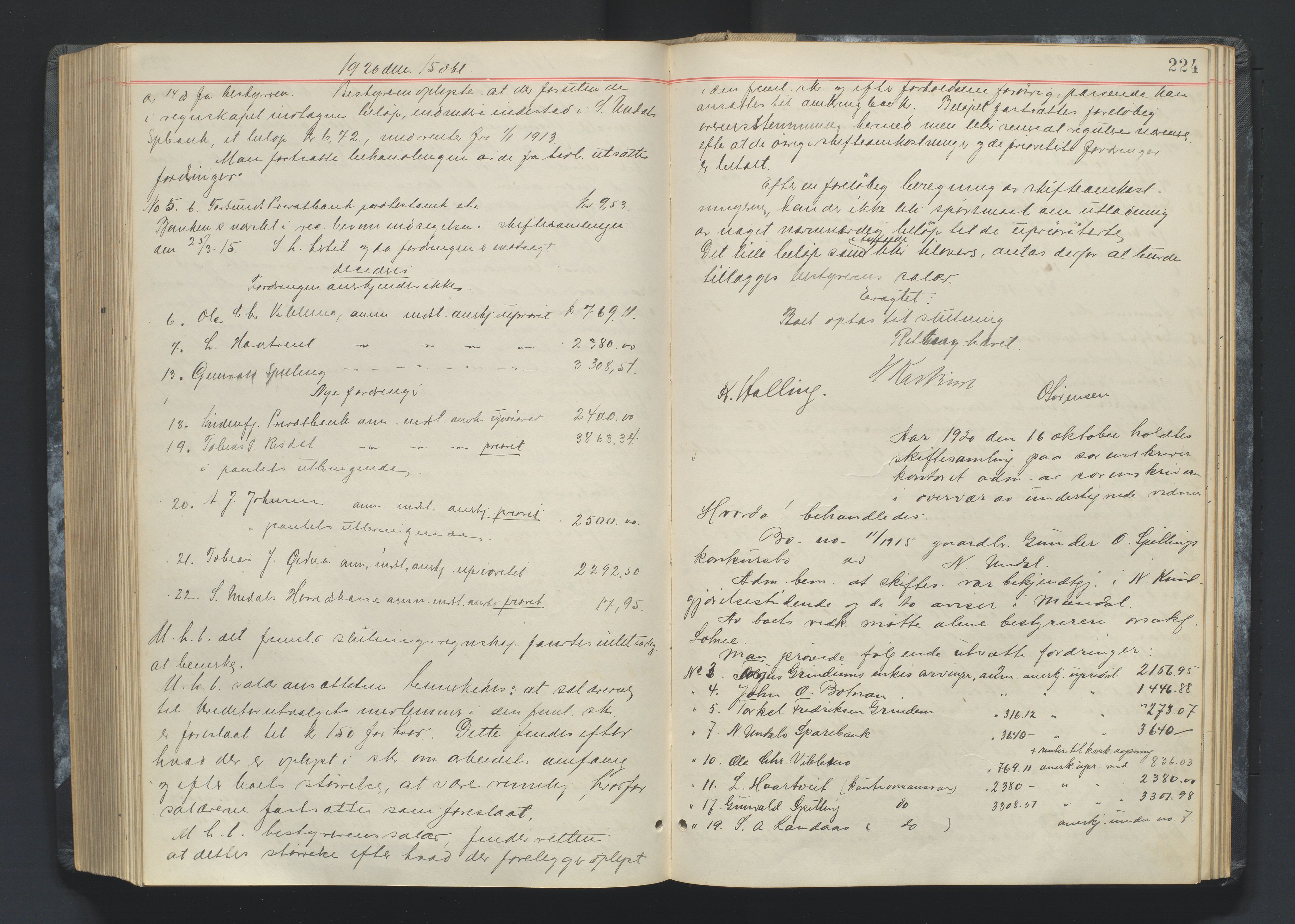 Mandal sorenskriveri, AV/SAK-1221-0005/001/H/Hc/L0083: Skifteforhandlingsprotokoll nr 15, 1917-1921, p. 224