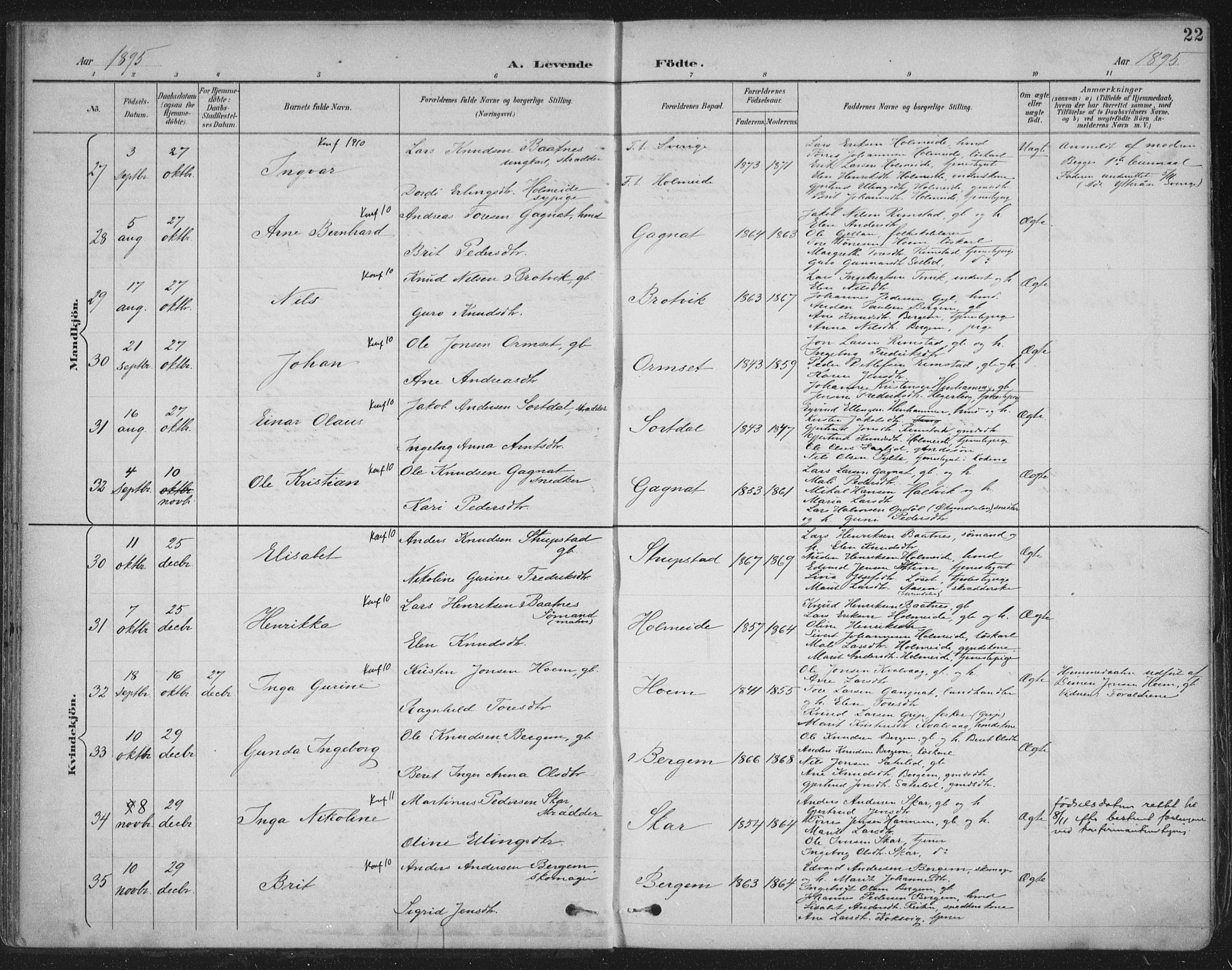 Ministerialprotokoller, klokkerbøker og fødselsregistre - Møre og Romsdal, SAT/A-1454/586/L0988: Parish register (official) no. 586A14, 1893-1905, p. 22