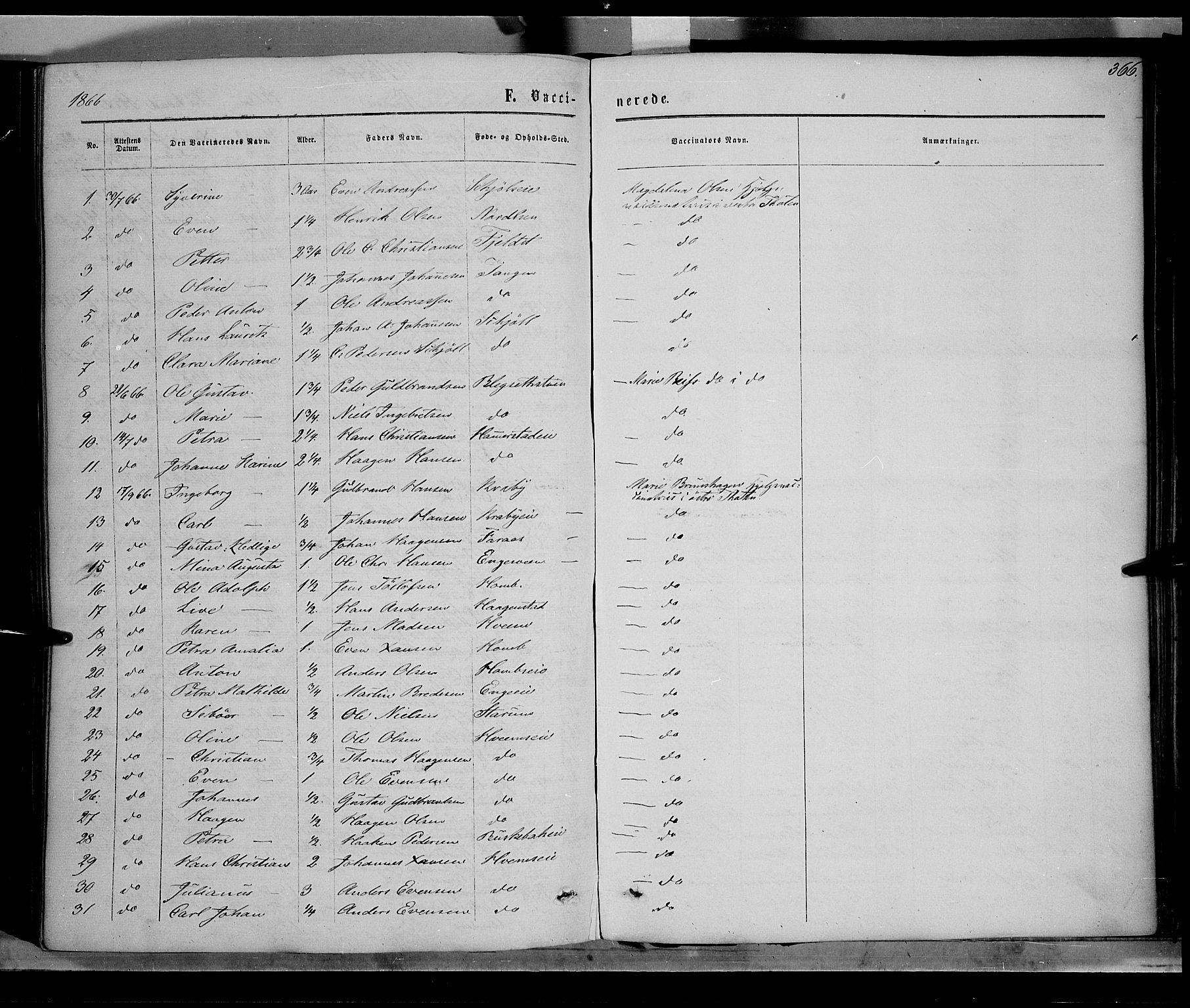 Østre Toten prestekontor, SAH/PREST-104/H/Ha/Haa/L0005: Parish register (official) no. 5, 1866-1877, p. 366