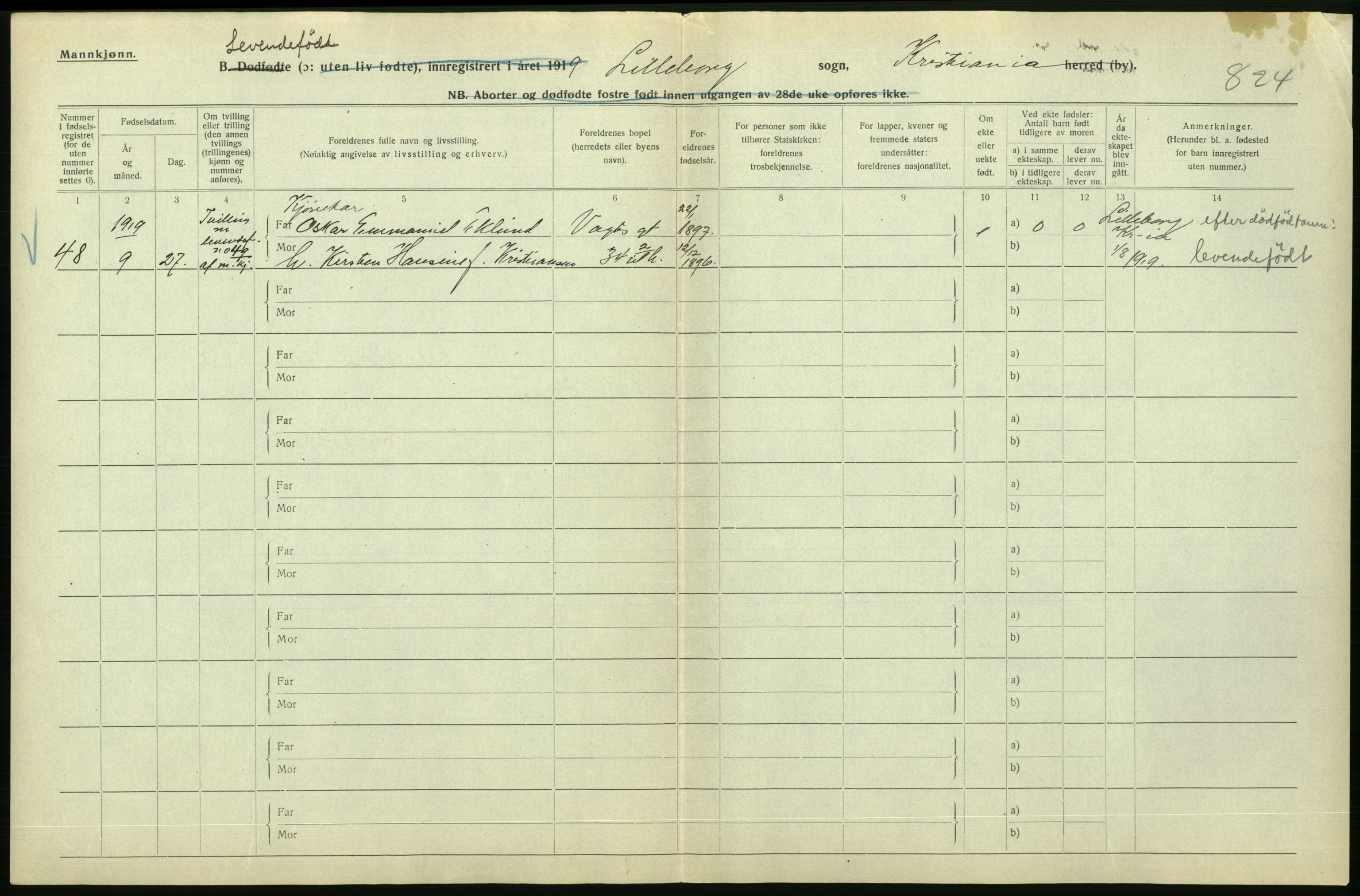 Statistisk sentralbyrå, Sosiodemografiske emner, Befolkning, AV/RA-S-2228/D/Df/Dfb/Dfbi/L0008: Kristiania: Levendefødte menn og kvinner., 1919